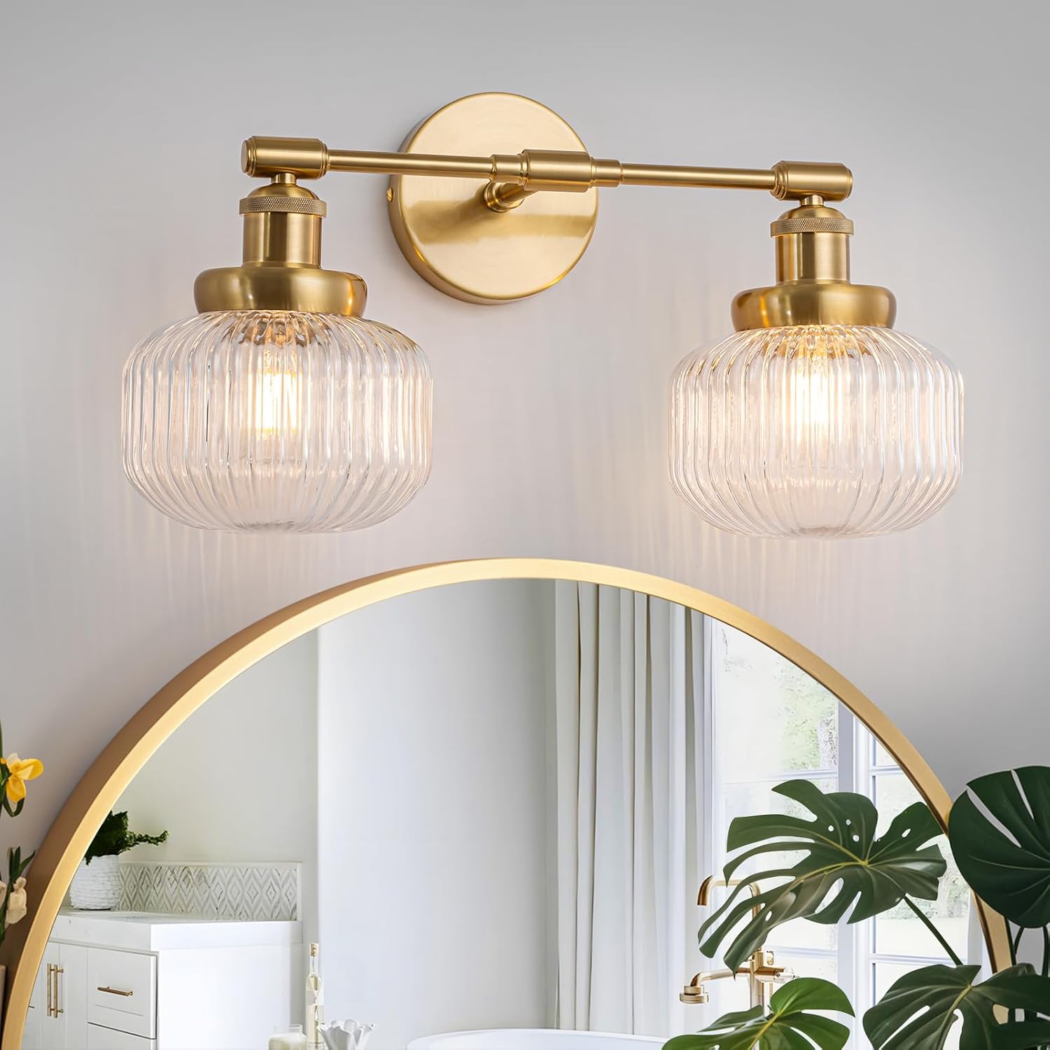 2-Lights Bathroom Light Fixtures, Gold Vanity Light, Industrial Bathroom Light Fixture Over Mirror with Clear Striped Globe Shade, Bathroom Light for Bedroom, Living Room, Farmhouse, Stairs (Brass)