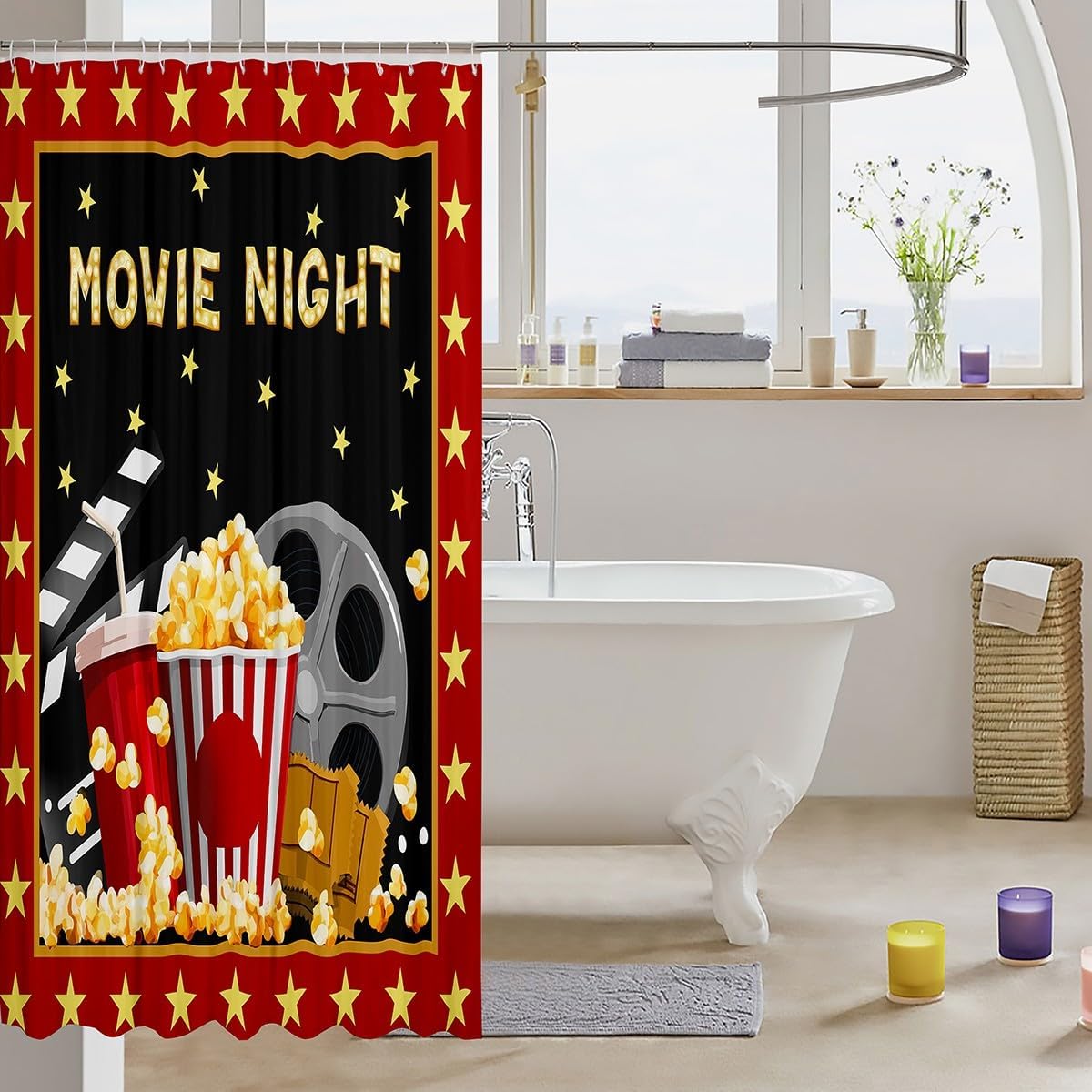 Movie Theater Bathroom Curtain,Film Filmstrip Popcorn Shower Curtain for Kids Teens Adult Room Decor Vintage Hippie Style Cinema Waterproof Curtain Gold Stars Red Bath Curtain,12 Hooks,72"Wx78"L