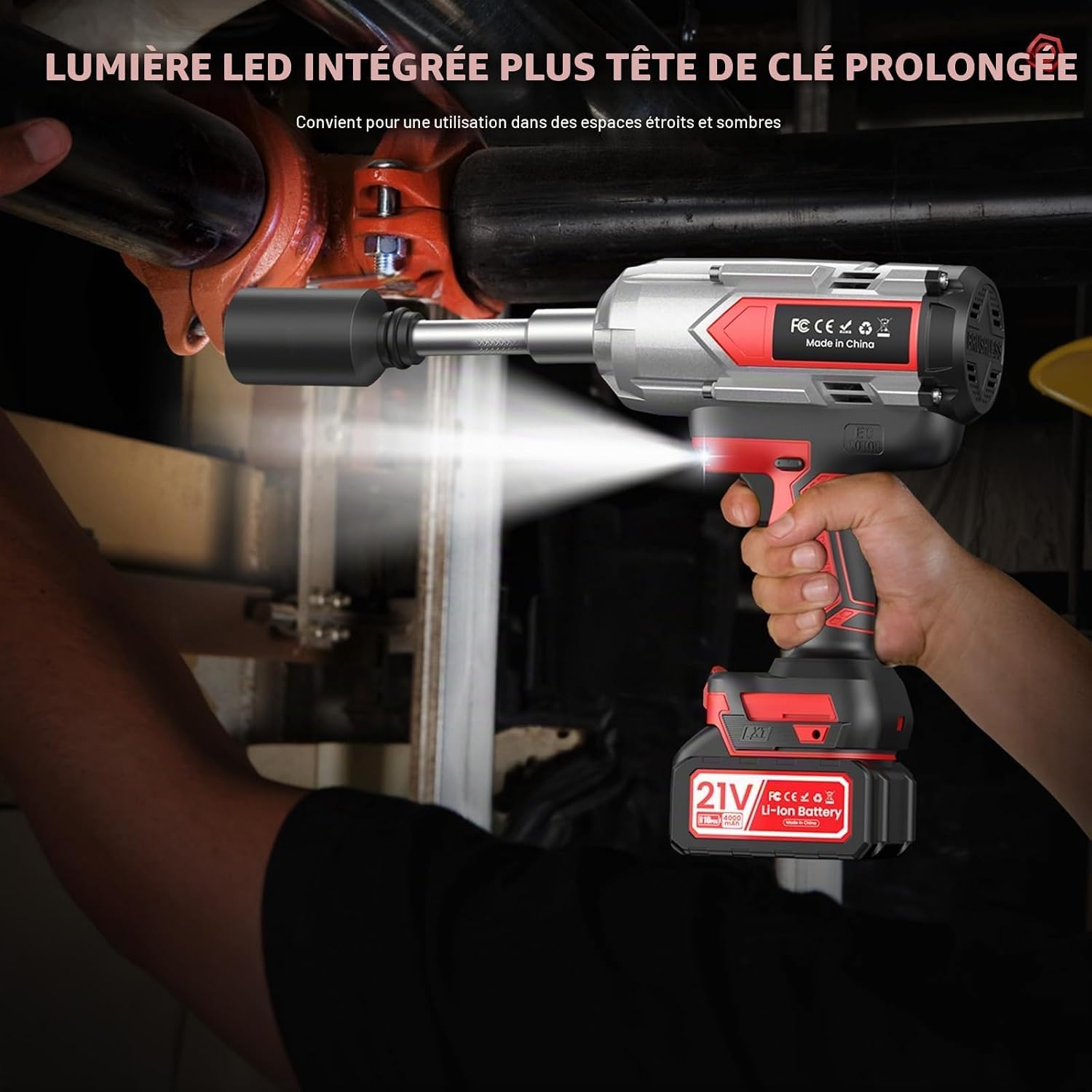 1400 N.m Clé à chocs sans fil, 21V Cle a choc professionnel avec 1000 W Moteur sans balais, 2 x 4,0 Ah Batteries, 5 Douilles, 1 Convertisseur 1/2" x 3/4", 1 Extension, pour Voiture et Camionnette