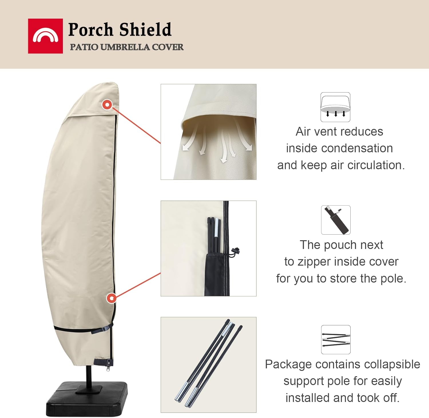 Porch Shield Patio Umbrella Cover - Outdoor Waterproof Garden Offset Banana Parasol Cover Fits Cantilever Offset Umbrella 7.5-11.5 Feet, Beige - Image 5