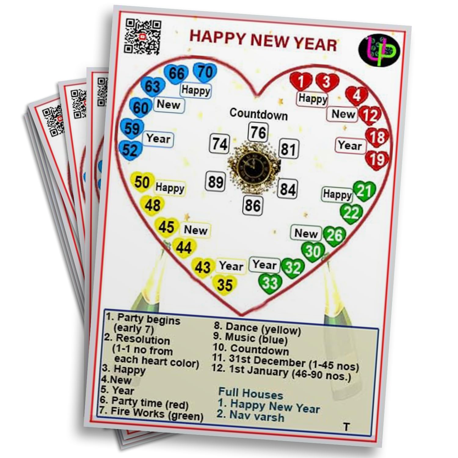 UltPult Tambola Happy New Year Tambola Tickets | Heart Shape Theme Housie Tambola Themed Bingo Game| Kitty Party Theme Housie Tickets | English | for Family & Friends (Set of 15 Tickets)