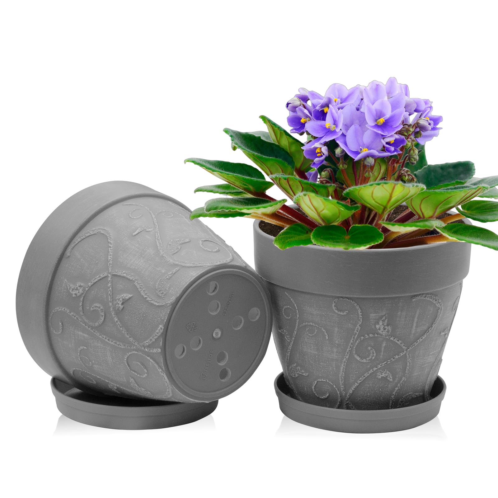 ZMTECH 20 cm Blumentopf mit untersetzer, 8 Zoll Kunststoff Terrakotta-Look Pflanzkübel mit Drainagelöchern, Rund Medium übertopf für Innen Draußen Kräuterhaus Pflanzen(Grau, 2er-Set)