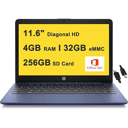 HP Stream 11 Laptop 11.6" Diagonal HD SVA Anti-Glare Display Intel Celeron N4000 4GB RAM 32GB eMMC + 256GB SD Card USB-C Microsoft 365 for 1 Year Win10 Blue + HDMI Cable