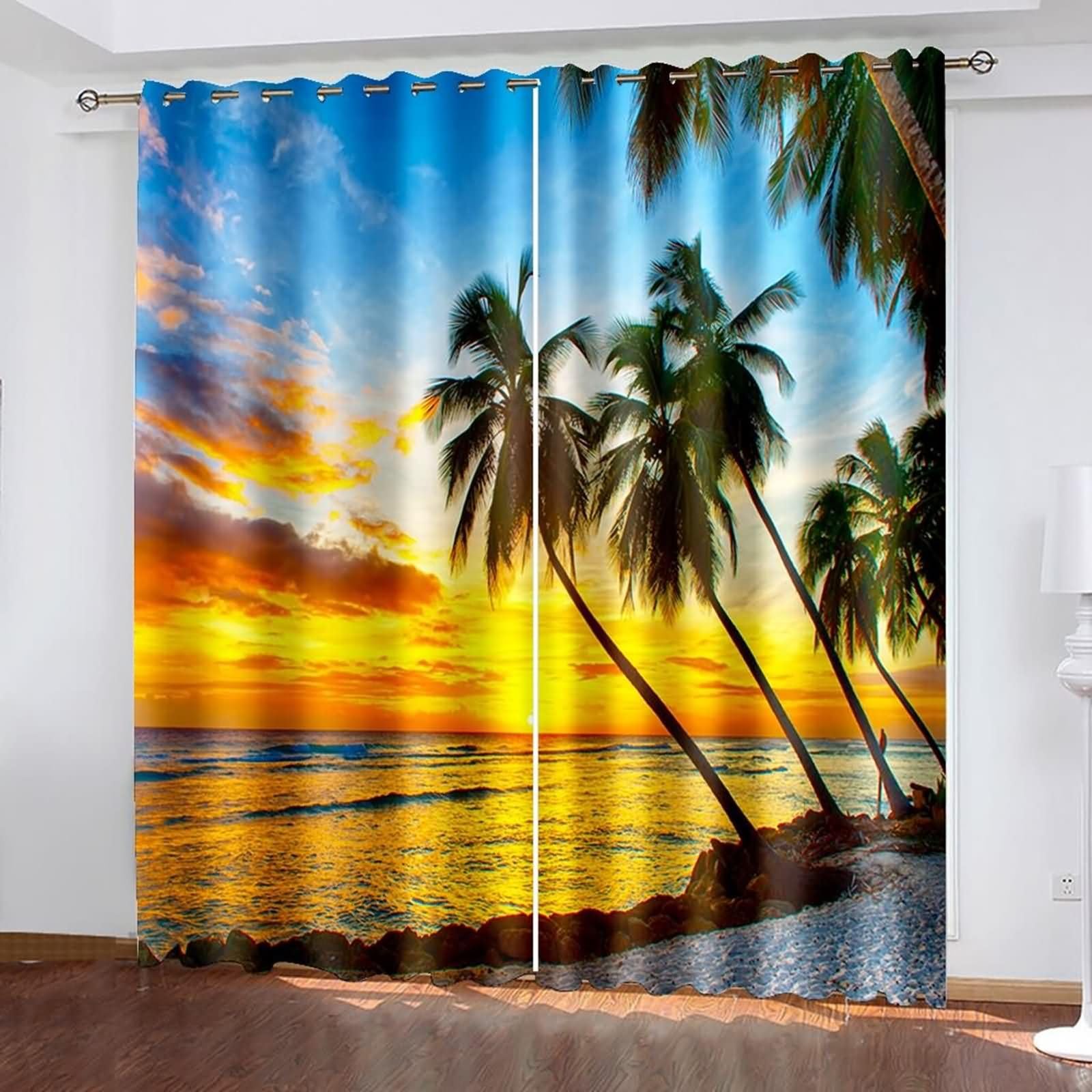 Küchen Vorhang Blickdicht 2er Set,2 x 244W x 229H cm,Vorhänge mit Ösen Palmstrand und Sonnenuntergang Landschaft Gardinen Küchen Orange Blau Grün
