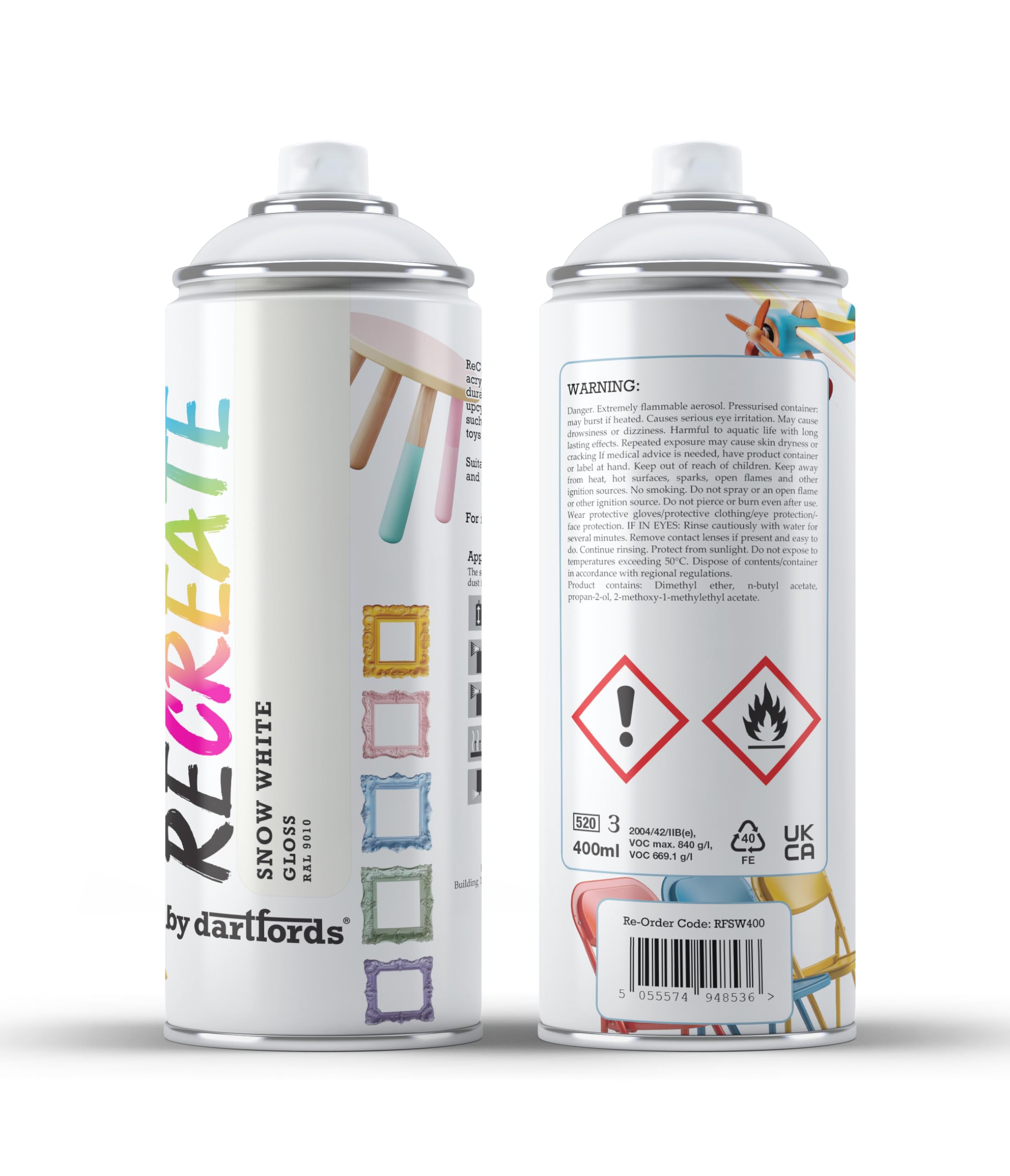 RECREATE Snow White Gloss Spray Paint for Wood, Metal, Plastic | Quick Drying, Smooth, Durable, Easy-to-Apply | Suitable for Indoor / Outdoor | For Furniture, Craft, Doors, Ornaments, Pots, Frames