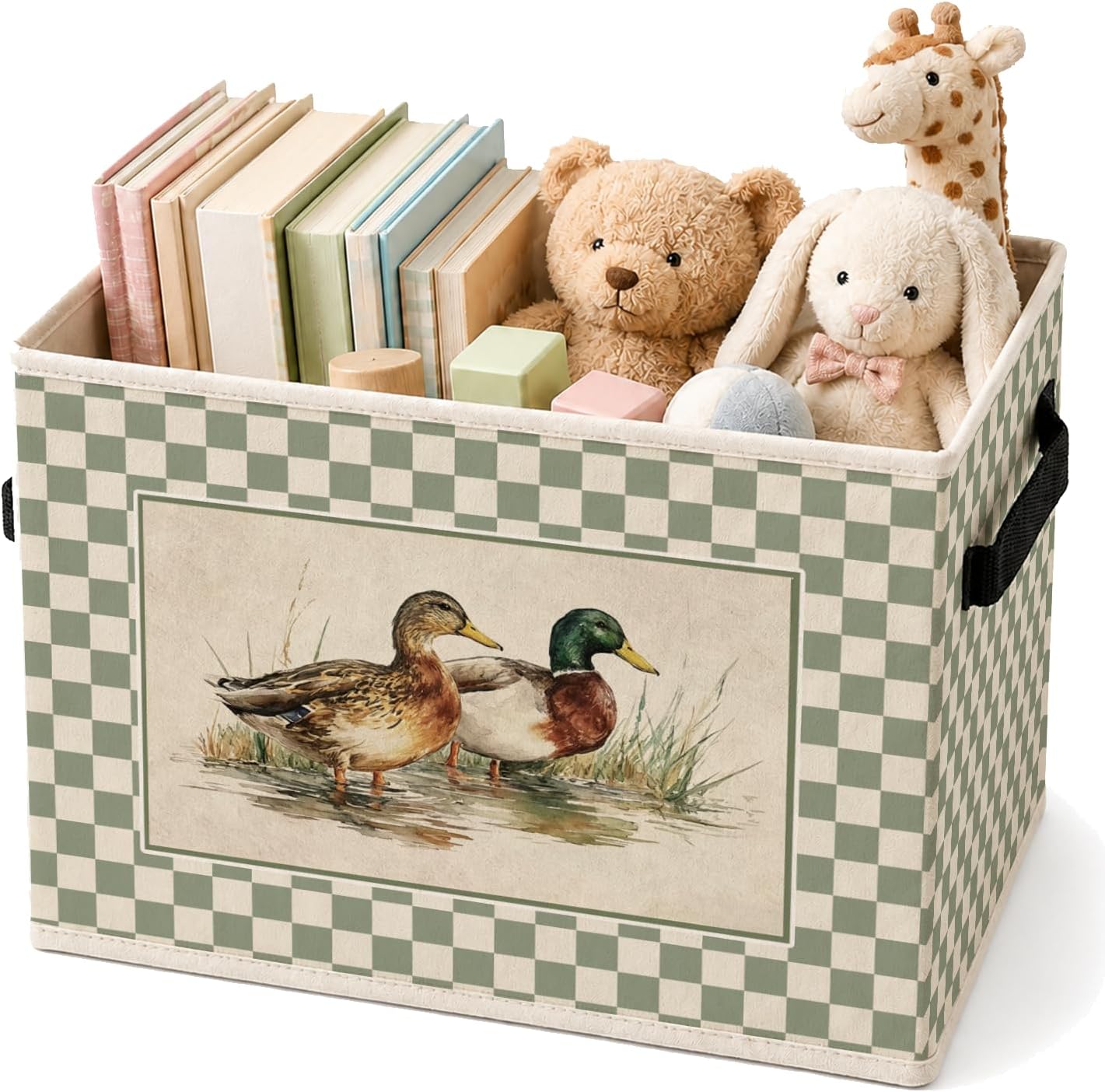 Mallard Duck Sage Green Checkered Storage Basket Organizer
