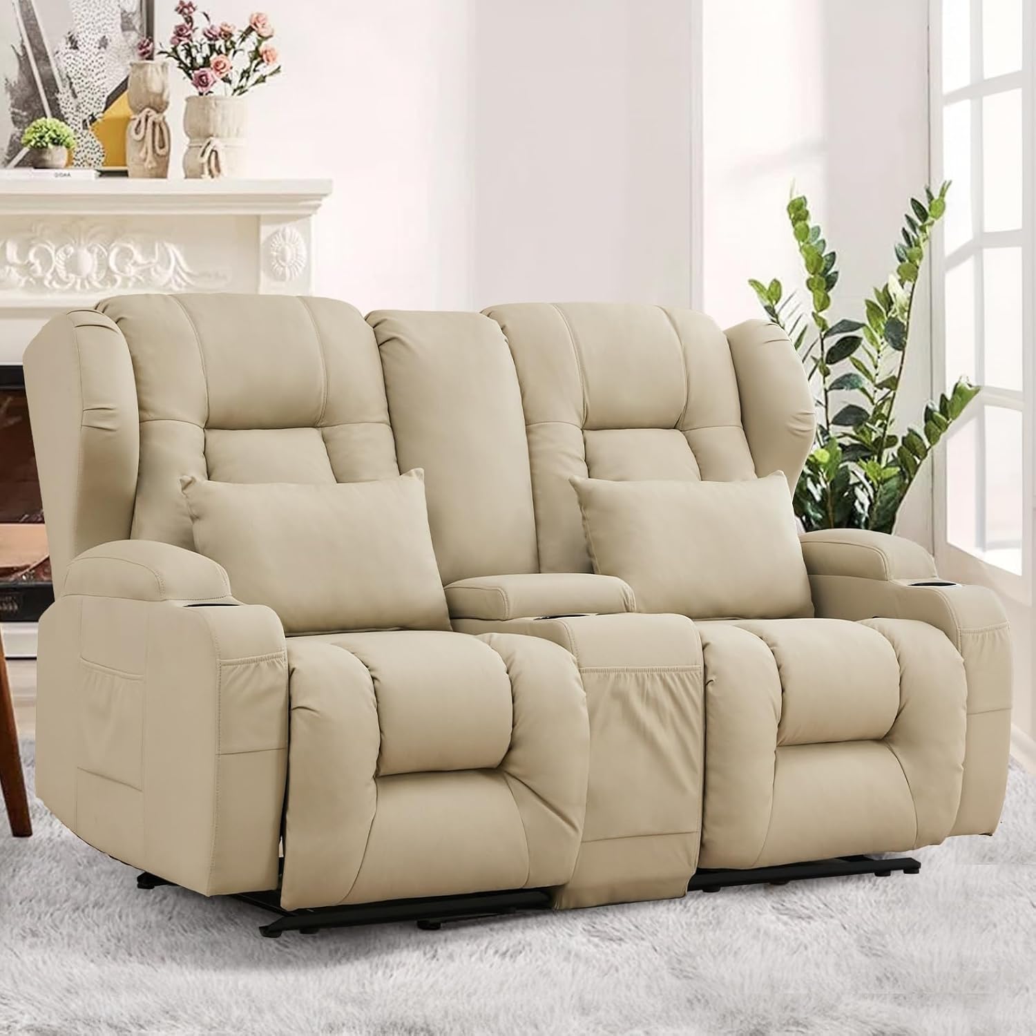 TUNYI 65" Loveseat Recliner RV Sofa - Double Manual Recliner Loveseat with Console Performance Fabric Home Theater Seating RV Furniture with Storage/Cup Holder for Living Room, RV (Beige)
