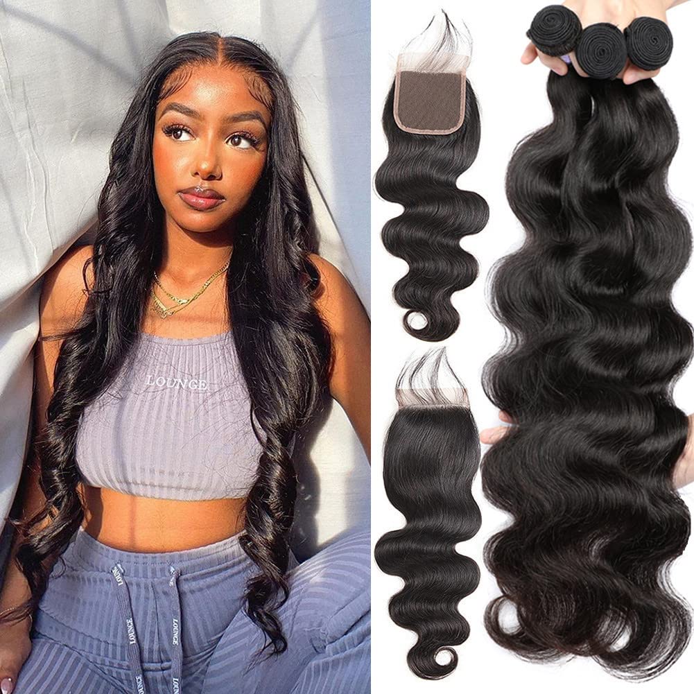 Aopusi Bundles and Closure Body Wave Bundles with Closure (20 22 24+18,Free Part) 3 Bundles with Lace Closure 100% Brazilian Virigin Human Hair Weave Natural Color