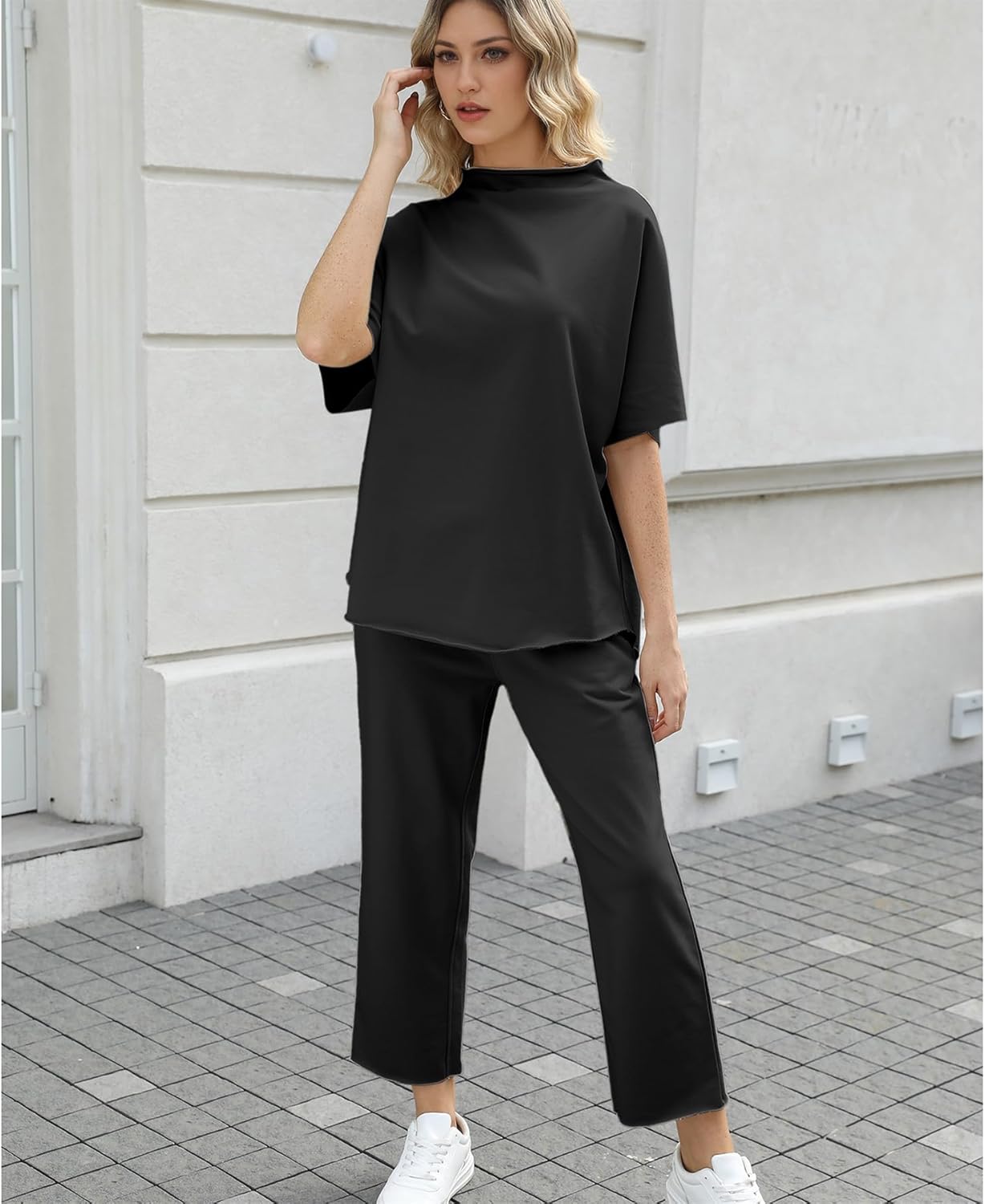 Ainangua Women Casual Two Piece Outfits 3/4 Batwing Sleeve Capelet CrewNeck Pullover Top Wide Leg Pants Lounge Sets Sweatsuit - Image 5