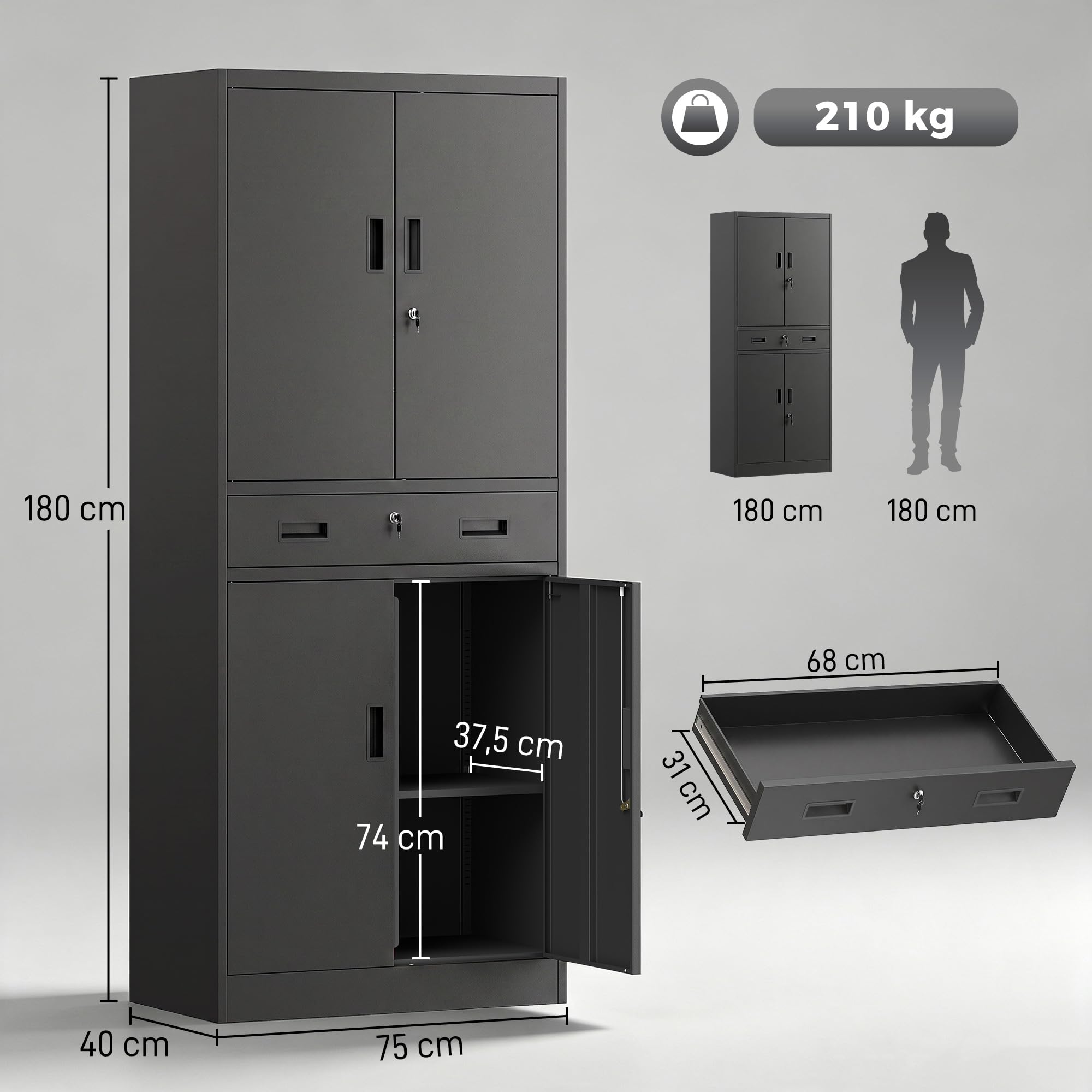 HOMCOM Armoire de Rangement métallique 180 cm avec Portes verrouillables, tiroir et étagères réglables, Noire