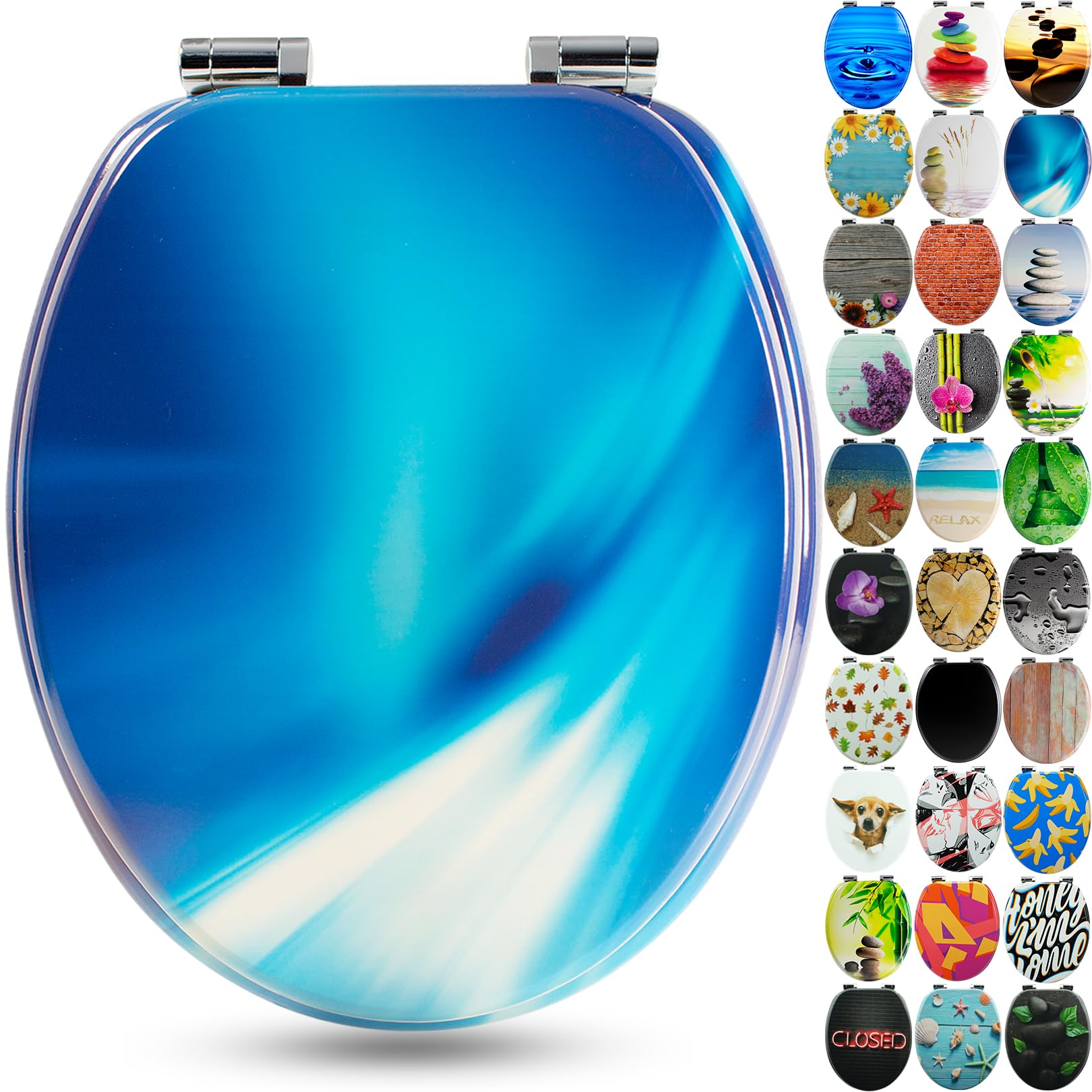 Sanfino® Premium Toilet Seat with Soft Close - Wooden Toilet Lid, Lots of Colourful and Decorative Designs, high Seating Comfort, Easy to Install Including Instructions - "Wave" — image 1