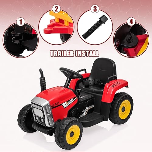 Miniatura 5 de SEHOMY Tractor de paseo para niños con remolque y motores duales de 25 W, batería de 12 V, vehículo eléctrico para niños con control remoto, cambio