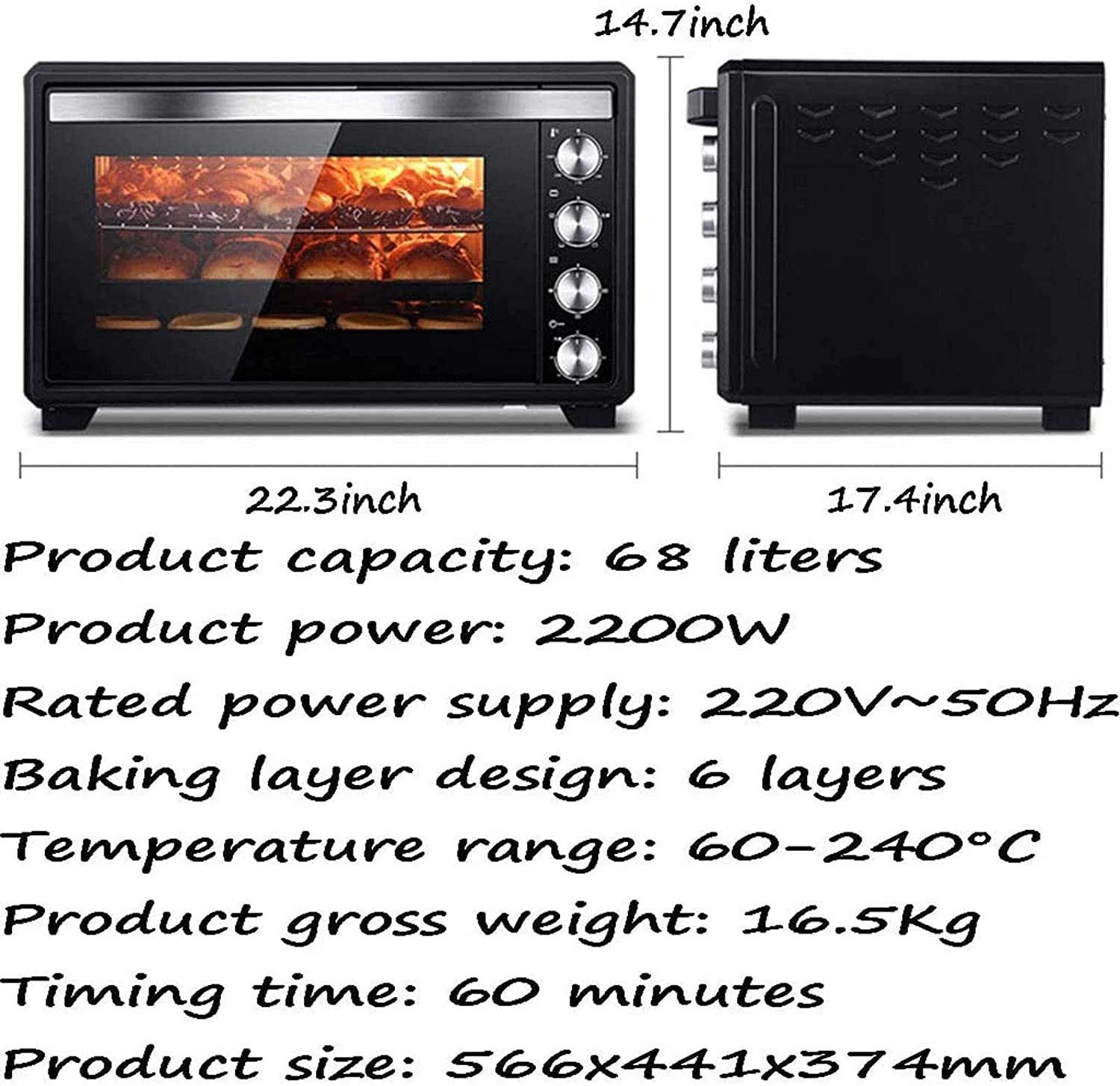 Forno Elettrico per Uso Domestico di Grande capacità da 68 Litri, Forno Elettrico Multifunzione Elettrico Intelligente Forno Elettrico a convezione Forno tostapane da appoggio (Nero) (Nero)