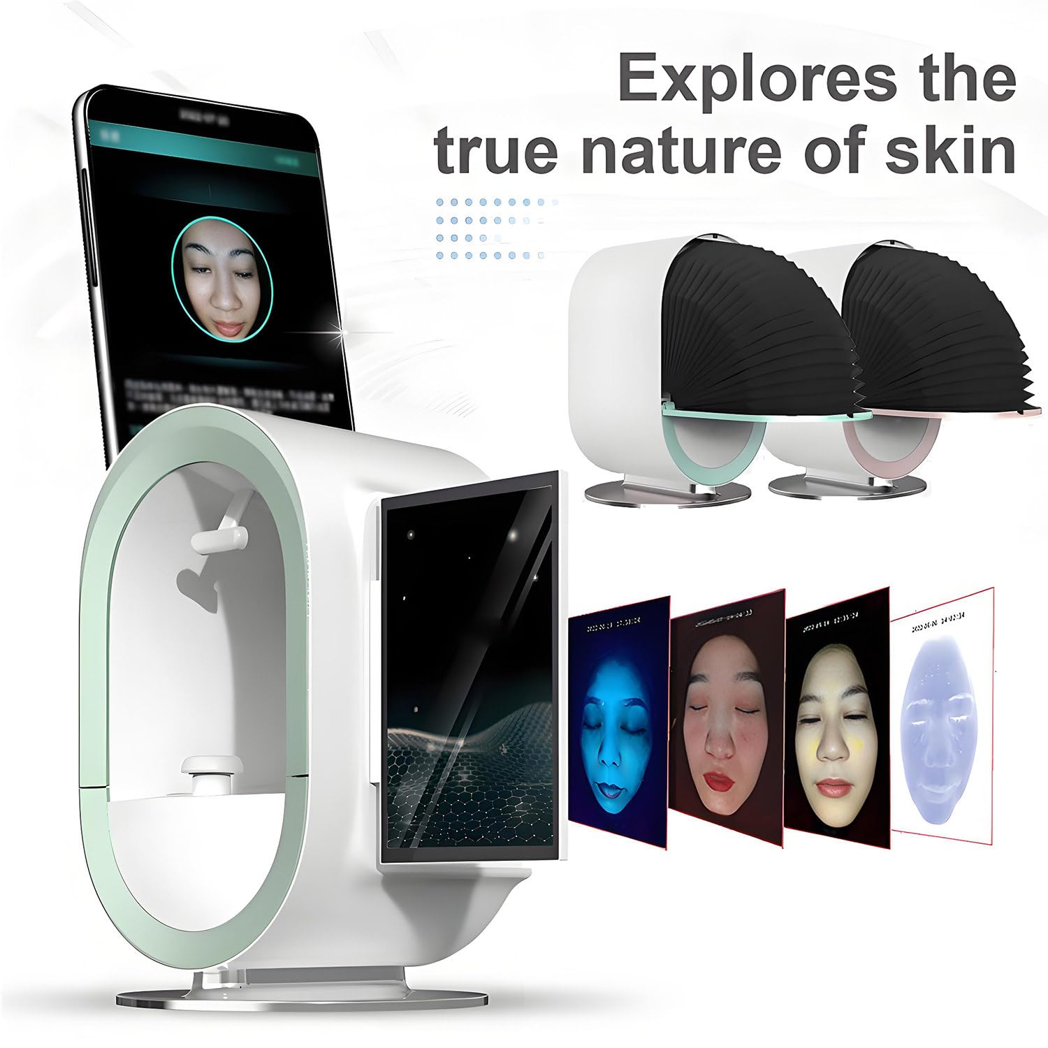 Macchina per l'analisi della pelle professionale per il viso - Imaging AI, strumento diagnostico per il viso ad alta definizione per saloni e spa, informazioni personalizzate sulla pelle Green