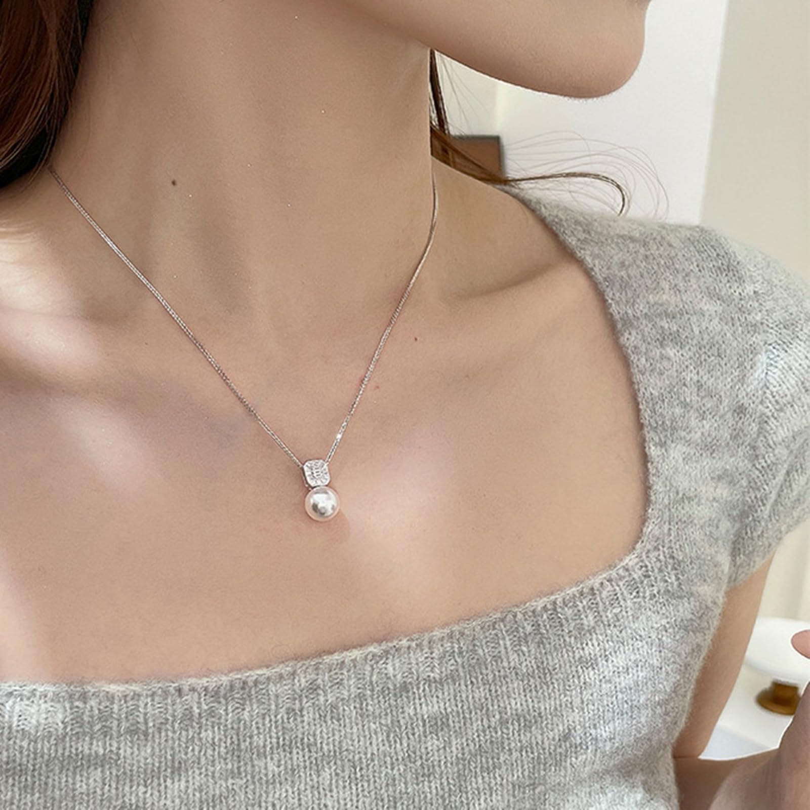 Collana 375/585/750 Oro Bianco, Ciondolo per Collana Semplice Donna con Perla Acqua Dolce e Diamante Sintetico, Catena Regolabile 40+5 cm