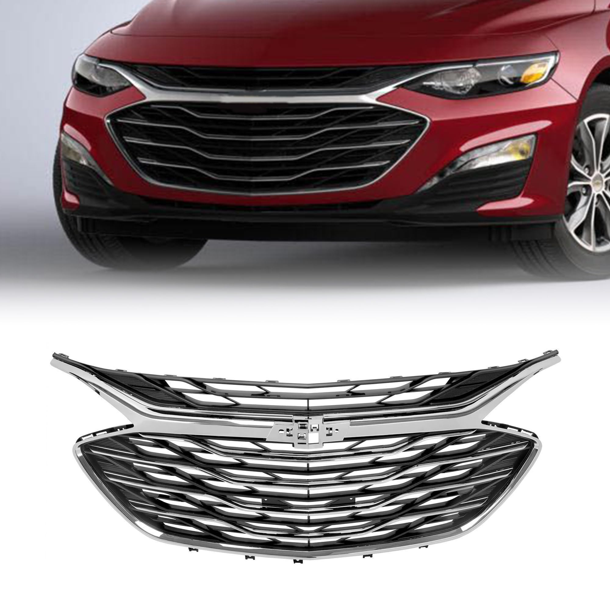 UnayKolb 3PCS Front Grille Upper And Lower Grill With Chrome Molding For Chevy Chevrolet Malibu 2019 2020 2021 2022 2023