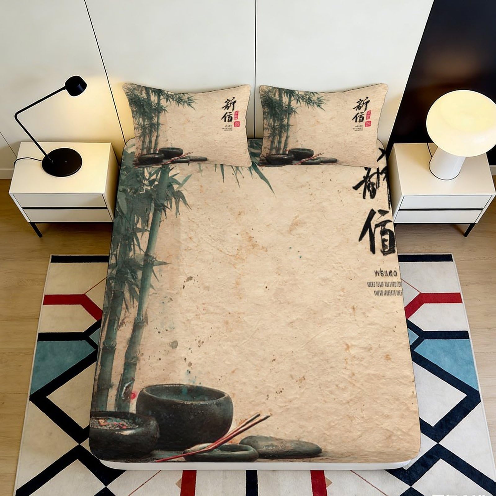 3D Printed Bamboo Zen Fitted Sheet Microfiber Asian Ink Art Mattress Cover for Bedroom Dorm Easy Care 90x200x25cm