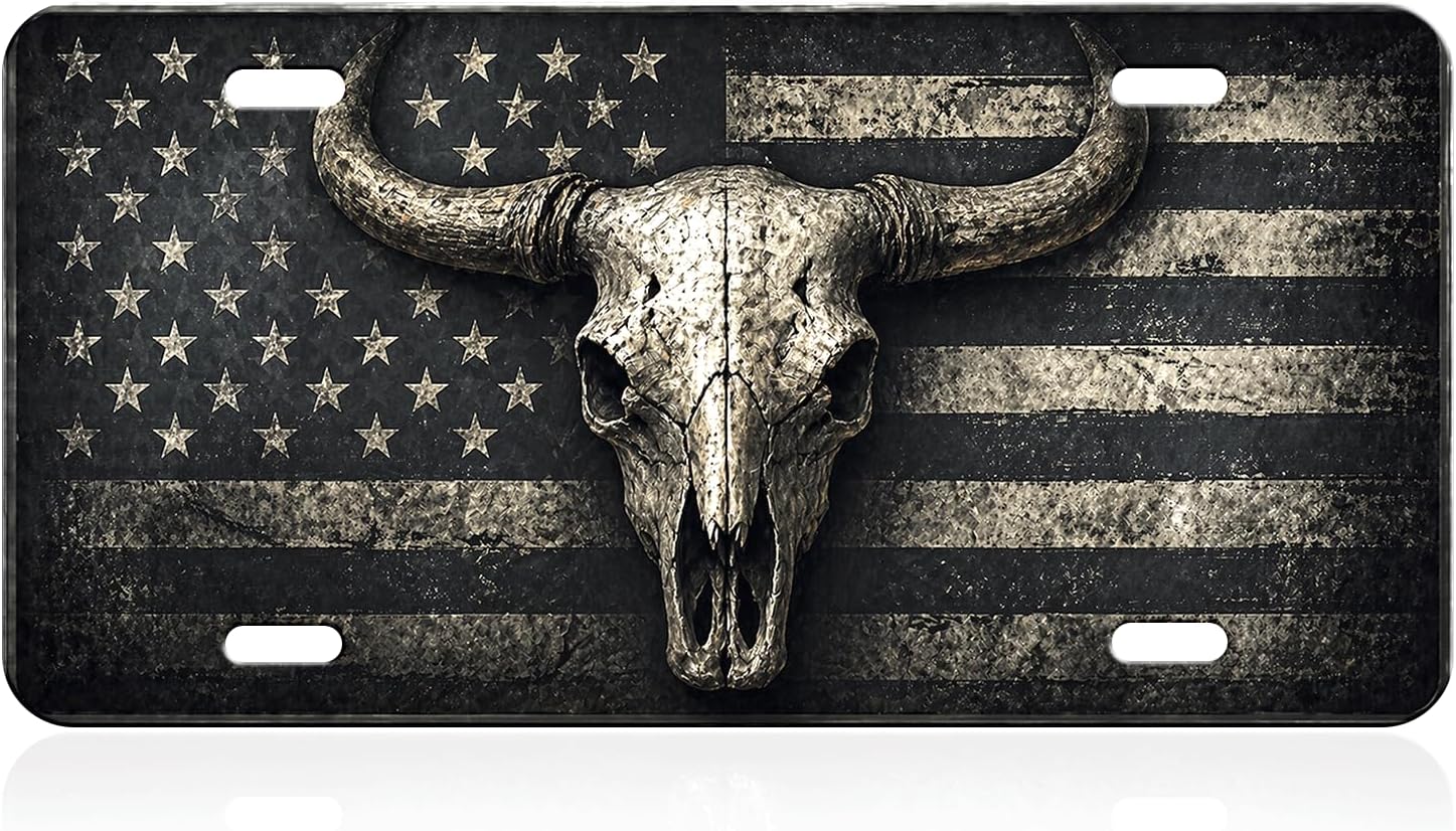 Longhorn Skull American Flag Decorative License Plate, 6 x 12 Aluminum | A rugged western patriotic wall accent for garages, cabins, offices, RVs, workshops, and ranch-style displays.