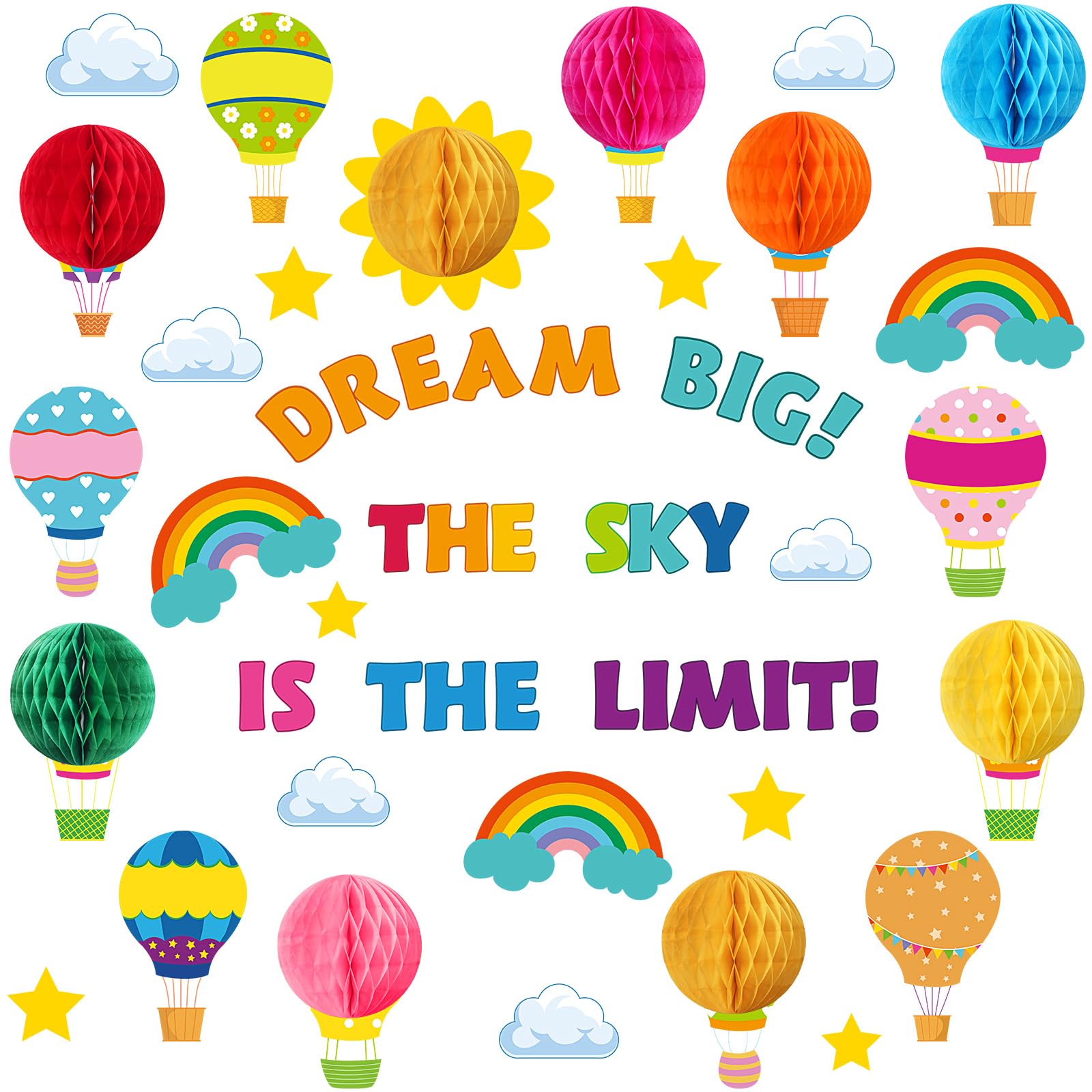 Funrous 82 Pcs Colorful 3D Hot Air Balloon Honeycomb Bulletin Board Set Hot Air Balloon Cloud Rainbow Sun Cutouts Honeycomb Bulletin Board for Preschool Kindergarten Back to School Classroom Supplies