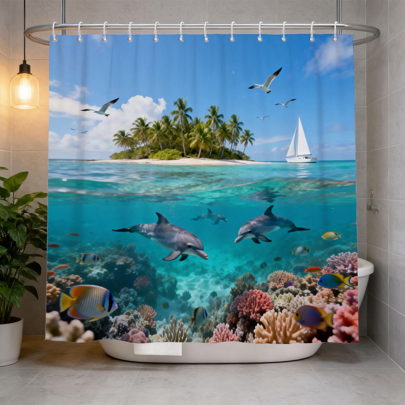 Hongduo 3D Dolphin Coral Reef Shower Curtain for Stalls Bathtubs Tropical Ocean Bathroom Decor Shower Curtain Set Polyester Fabric Waterproof 200x200cm/79X79 Inch with Hooks