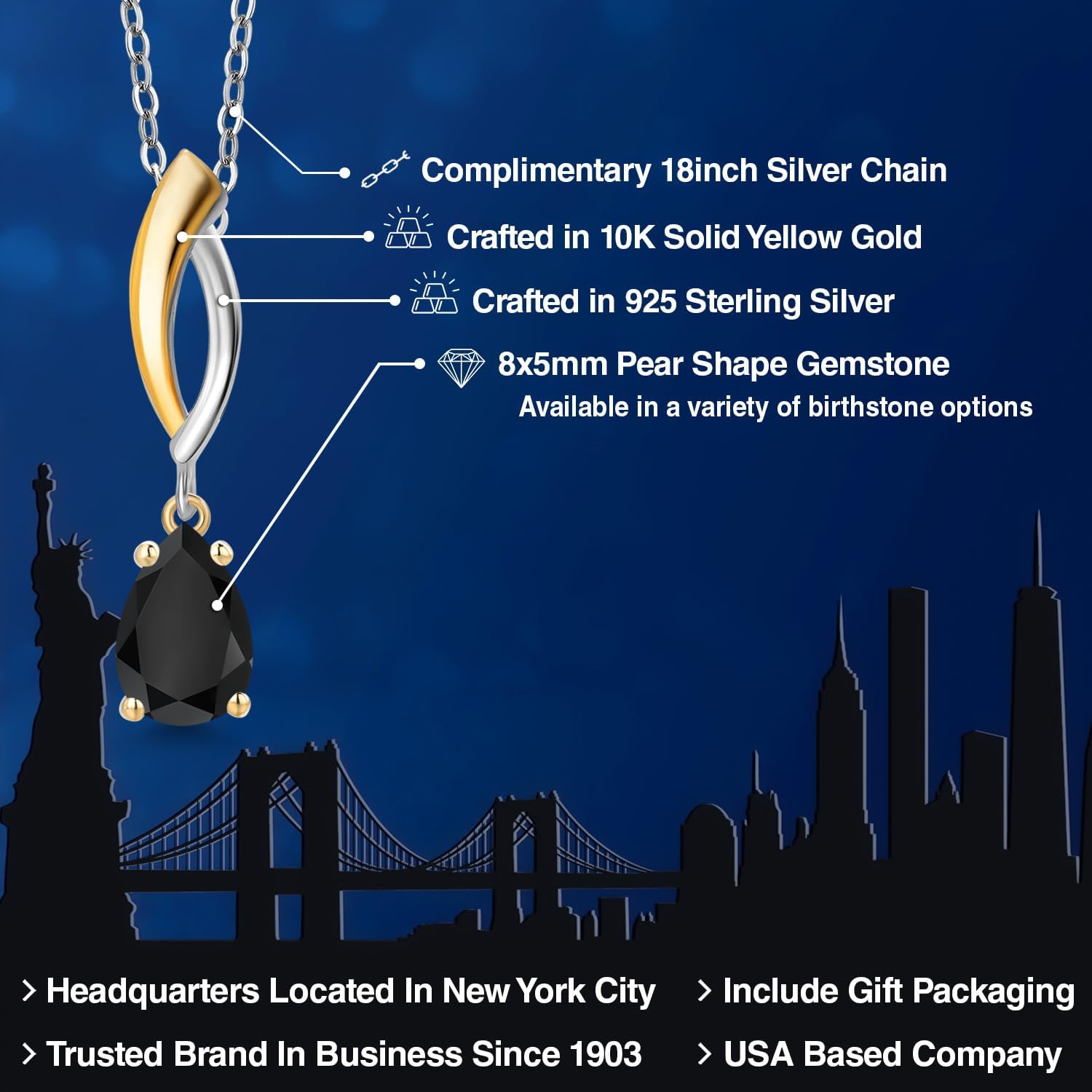 Gem Stone King 925 Silver and 10K Yellow Gold Black Onyx Pendant Necklace for Women | 0.85 Cttw | Gemstone December Birthstone | Pear Shape 8X5MM | With 18 Inch Silver Chain - Image 2