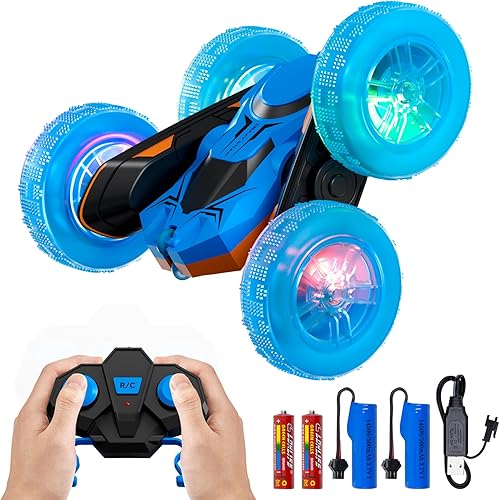 DoDoMagxanadu Autos de control remoto, 360 giratorio de 360 con luces de rueda, 4WD 2.4Ghz de doble cara RC Cars para niños y niñas