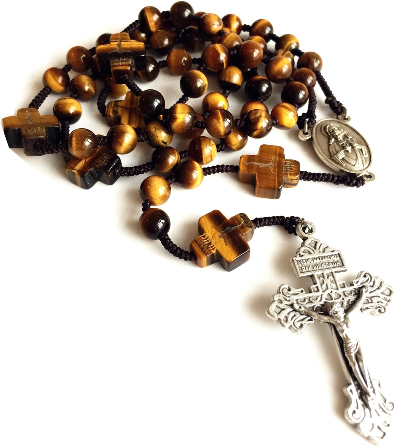 elegantmedicalROSARY Yellow Tiger Eye Jade Beads Mens Womens Rosary Cross CATHOLIC NECKLACE