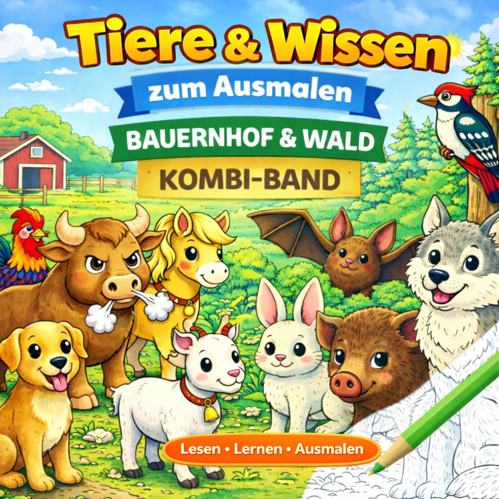 Tiere & Wissen zum Ausmalen - Bauernhof & Wald (60 Tiere): Ein liebevoll gestaltetes Malbuch, das Wissen vermittelt.