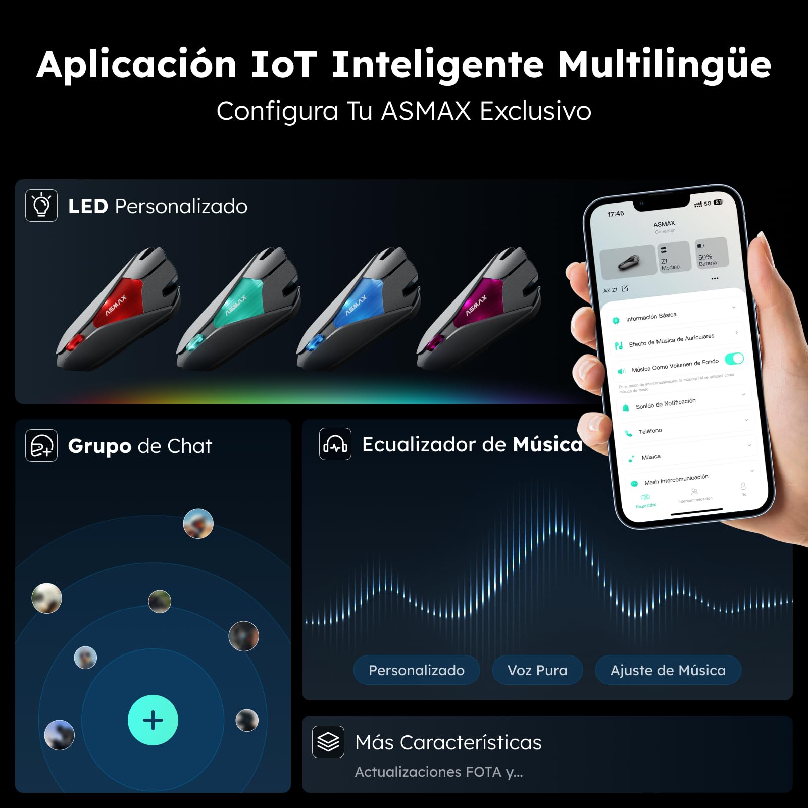 ASMAX Z1 Intercomunicador Casco Moto Bluetooth, 10 Motociclistas Mesh Intercom, Control de Voz, 42 min Carga Rápida/Montaje magnético/Cancelación de Ruido/Emparejamiento Universal, IP67, Individual