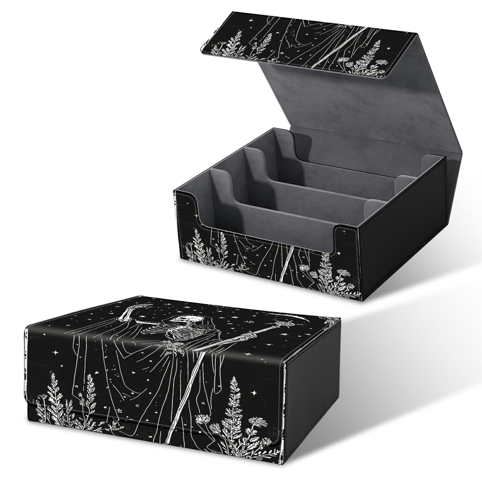 RWUTYTIUL Card Deck Box for MTG, Cards Storage Box Fits 120+ Sleeved, Leather Big Size Strong Magnetic Closing Case for Board Games Magic TCG CCG Baseball Collection Women Man, Black Skull Axe