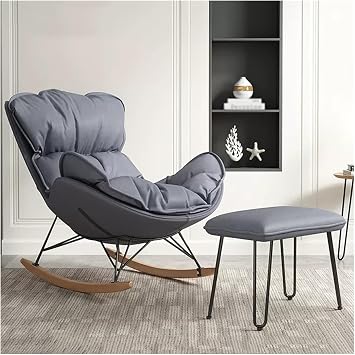 Rocking Chair Folding Recliner 5 Adjustable Relax Chair Swinging Chair Modern Rocking Chair Upholstered Glider Rocker Nursery Accent Chair with Ottoman Wing Back Leisure Rocker Recliner Comfortable