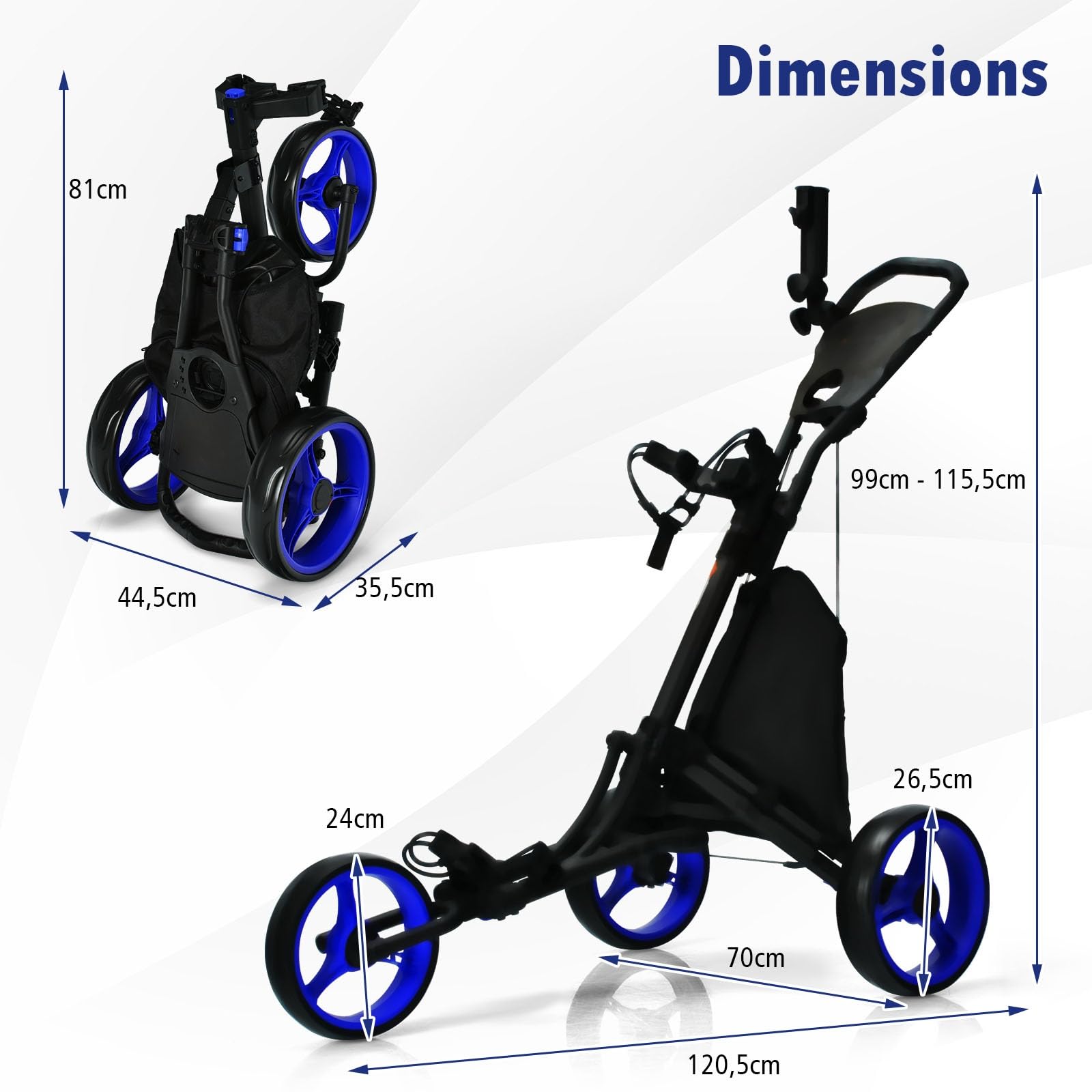 GYMAX Chariot de Golf à 3/4 Roues, Caddie de Golf Pliable Manuel, Porte-Sac, Porte-Parapluie, Cadre Robuste en Aluminium Pliable, Poignée Réglable, Tableau d'Affichage, Porte-Boisson