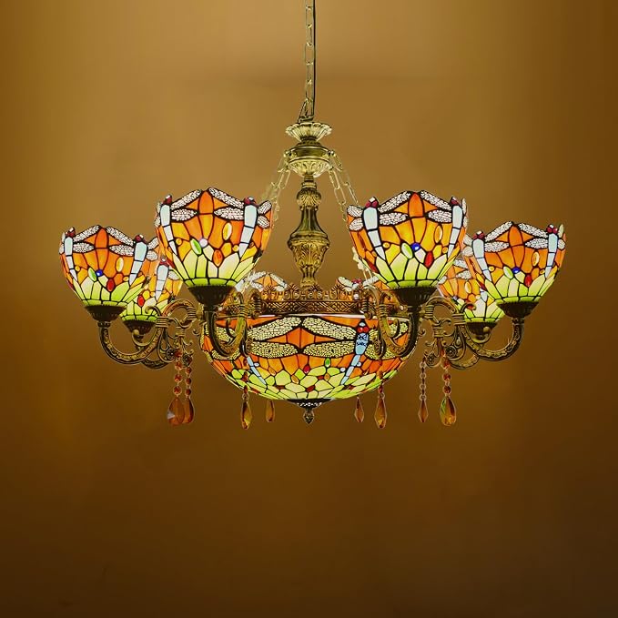 Stained Glass Tiffany Chandelier 11 Lights Pendant Light Chain Adjustable Victorian Hang Lighting Fixtures for Living Dining Room Hotel,35 Inch