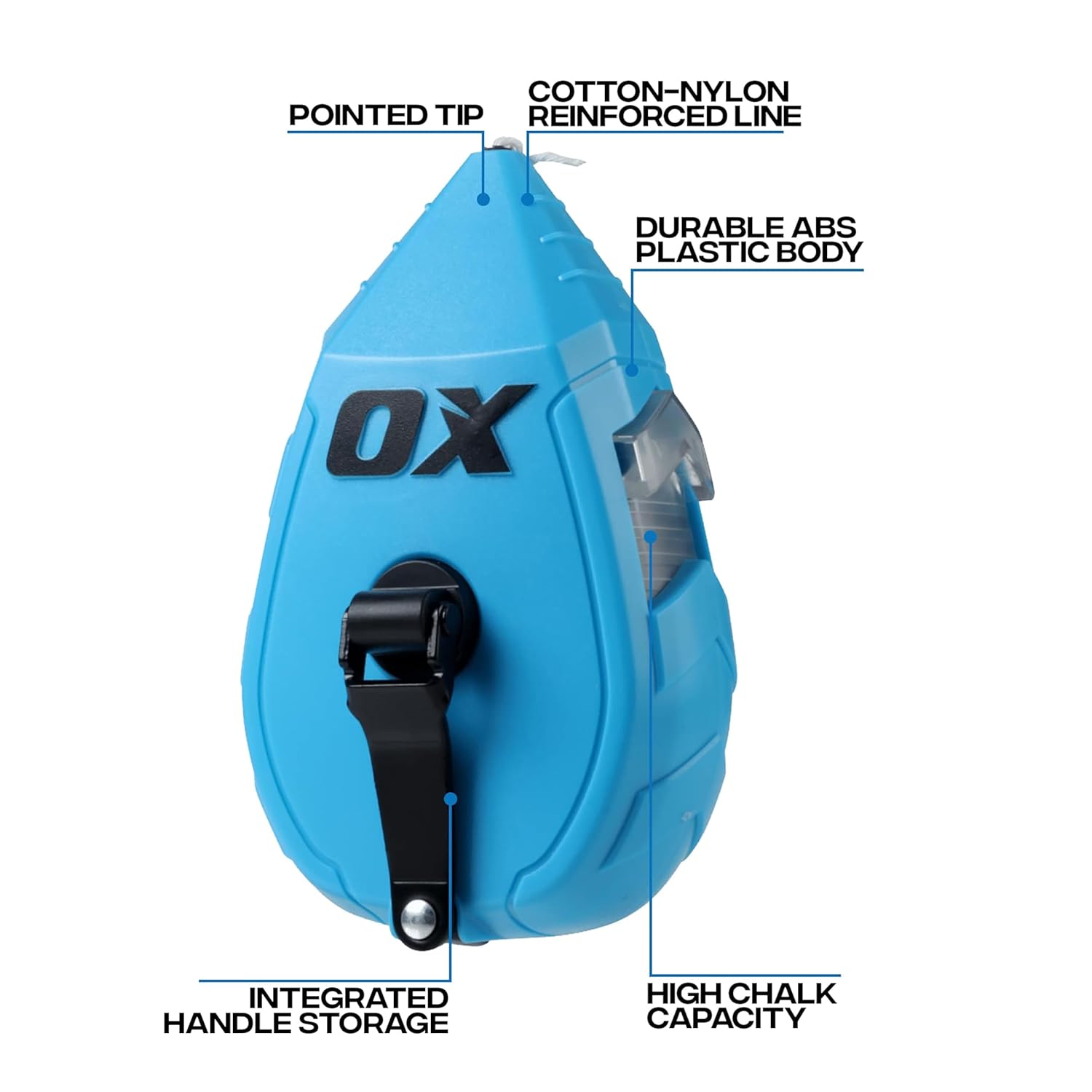 OX Pro Contractor Chalk Line 100ft Cotton Nylon Bold Line with Pointed Tip and ABS Plastic Body - 1:1 Gear Ratio Chalk Box Professional Grade Chalk Reel Tool OX-T630502