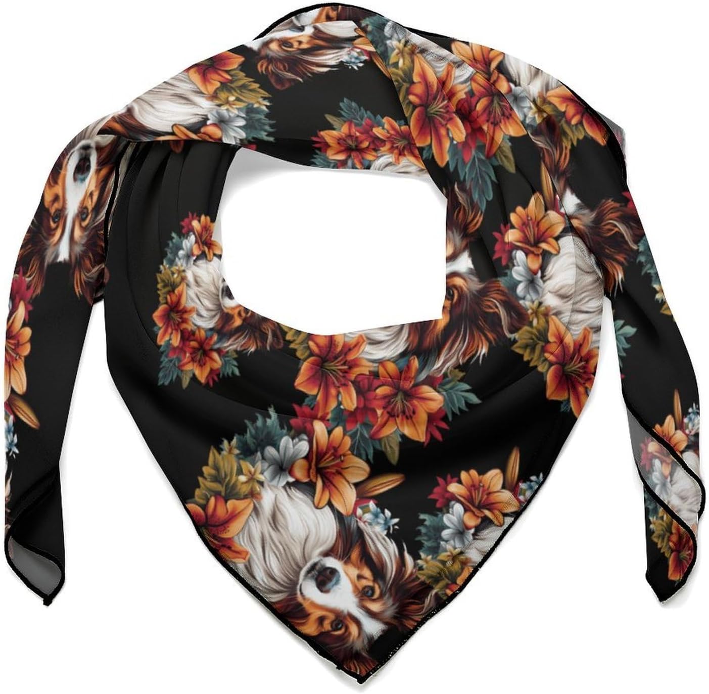 Floral Sheepdog Dog Flower Bandana Fashion Head Scarf Square Silk Scarf Print Neck Hair Scarfs for Women Men Gifts