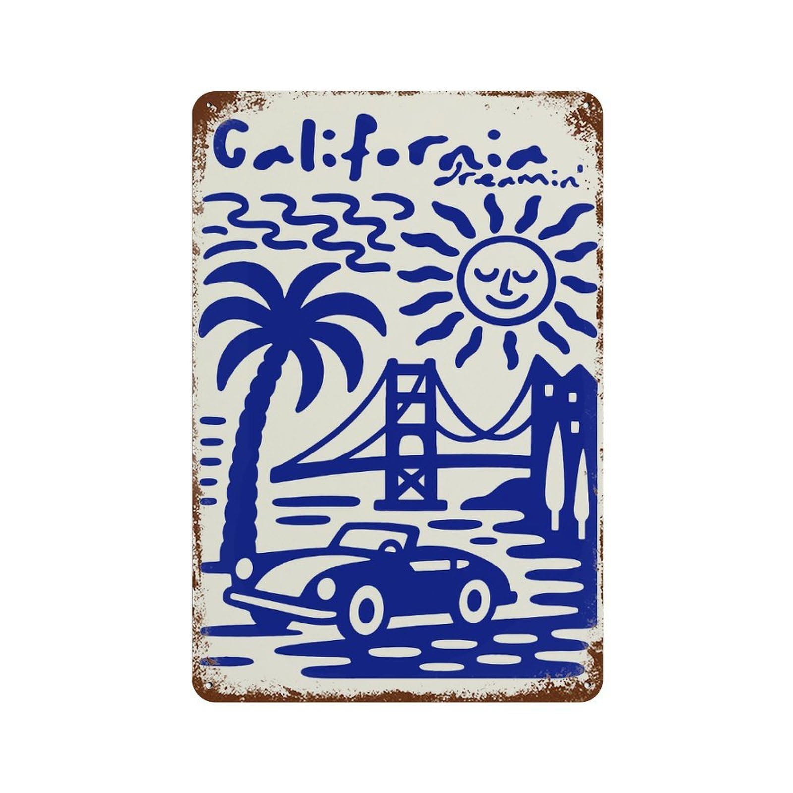 California DreaminBlue Illustration 11.8"x7.9" Vintage Rust Metal Sign, Novelty Wall Decor for Living Room, Hallway And Home Decor
