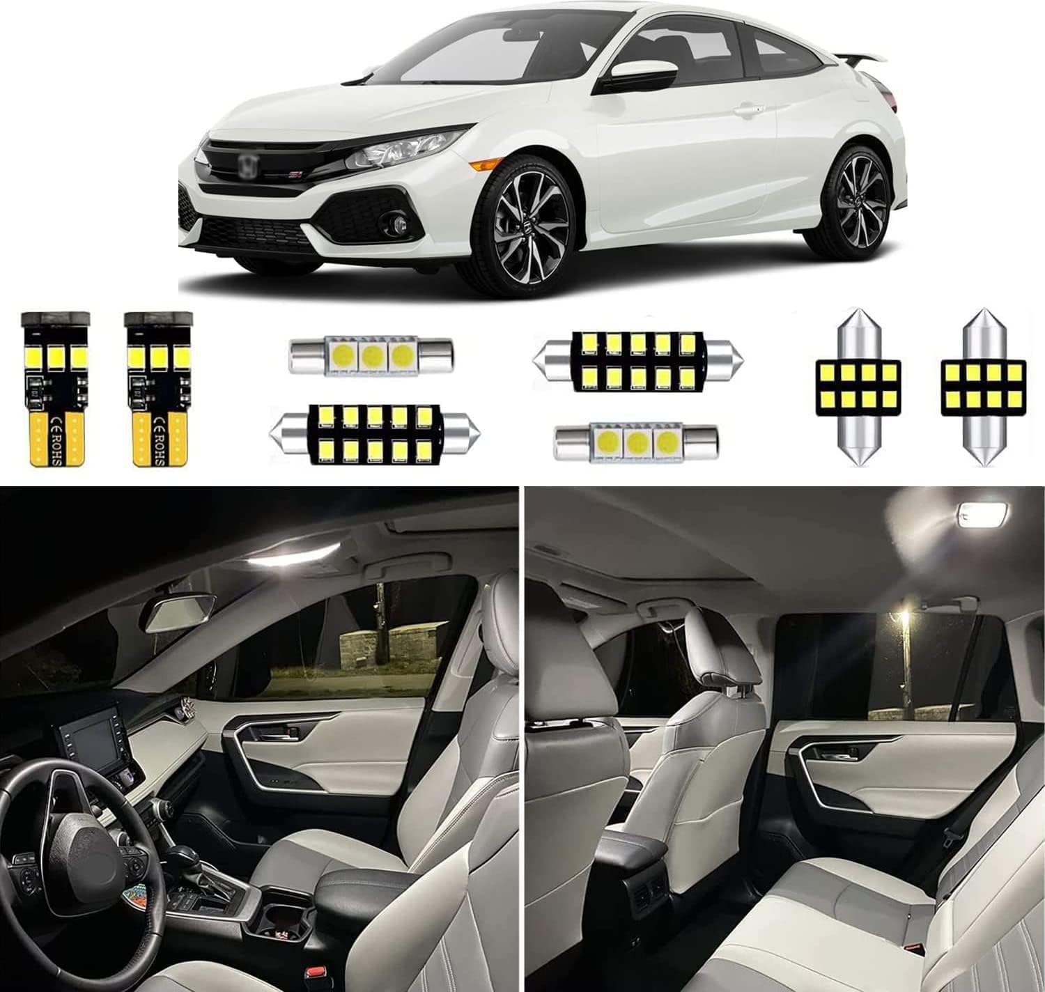 6pcs Civic Interior LED Lights Replacement for 2016 2017 2018 2019 2020 2021 Honda Civic 6000K Super Bright White interior LED bulbs replacement package + Installation Tool