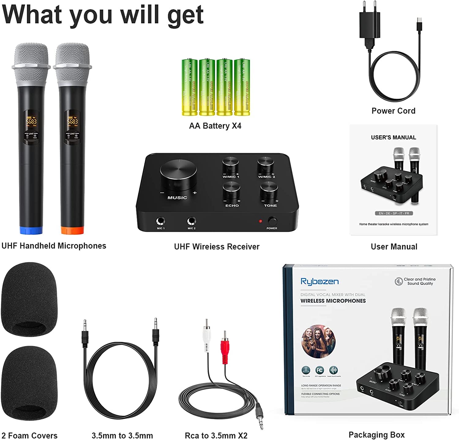 Karaoke Micro sans Fil, Systèmes de Microphone sans Fil UHF Double Portable Micro Bluetooth, pour Karaoké TV, PC, Fête, DJ, Haut-Parleur, Réunion, Église, Mariage, 100FT
