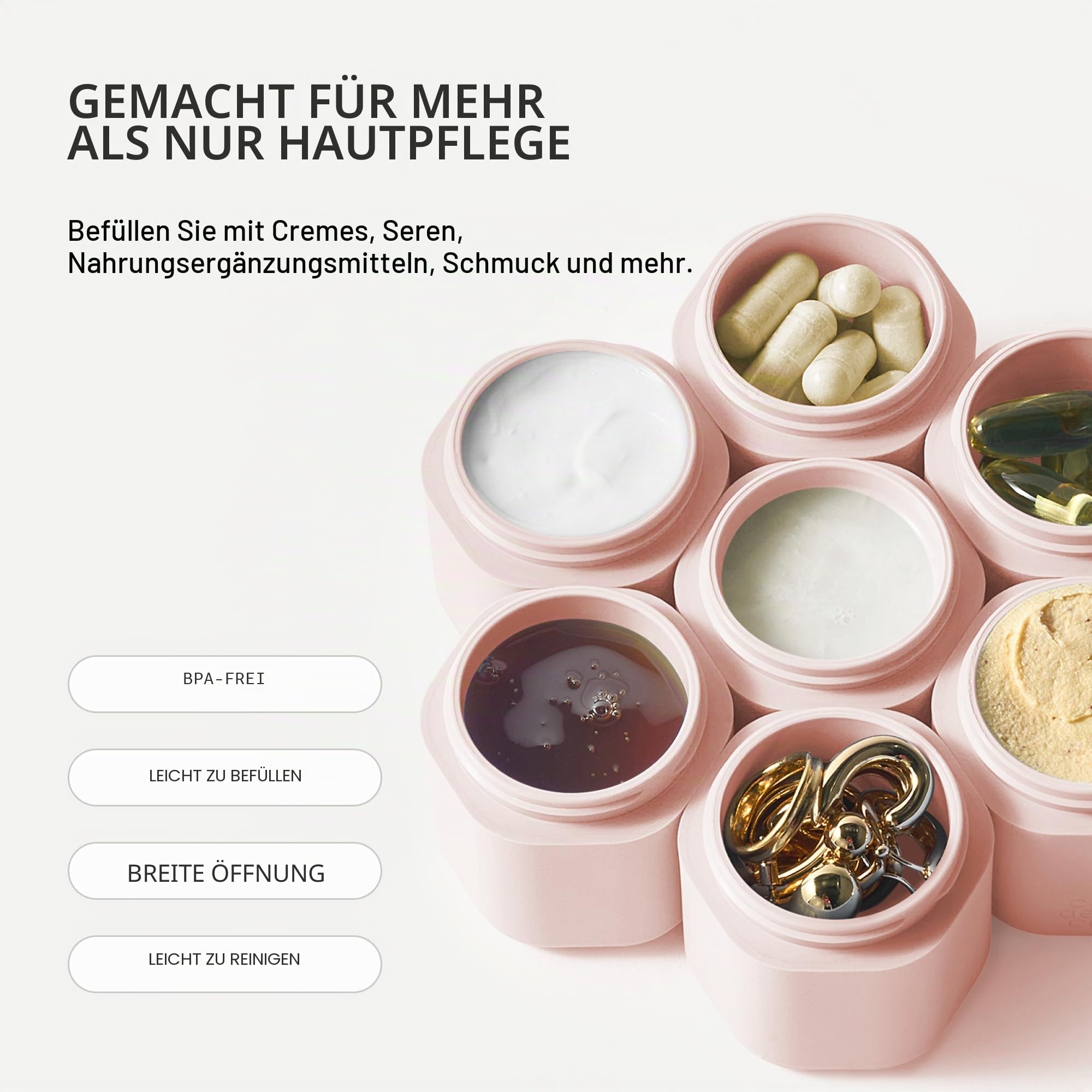 Cadence Reisebehälter – komplettes Hautpflege-Set – magnetische Behälter mit Deckel, Reiseutensilien für Damen/Herren – 2 kleine (15,9 g), 4 mittelgroße Kapseln (37,4 g) und Verlängerung (40,5 g