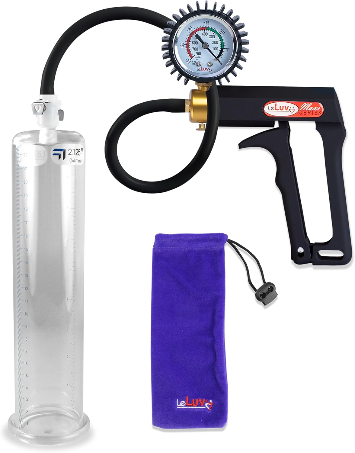 LeLuv Black Maxi Penis Pump with Rubber Protected Gauge Premium Silicone Hose Kit 9 inch Length x 2.125 inch Diameter Cylinder