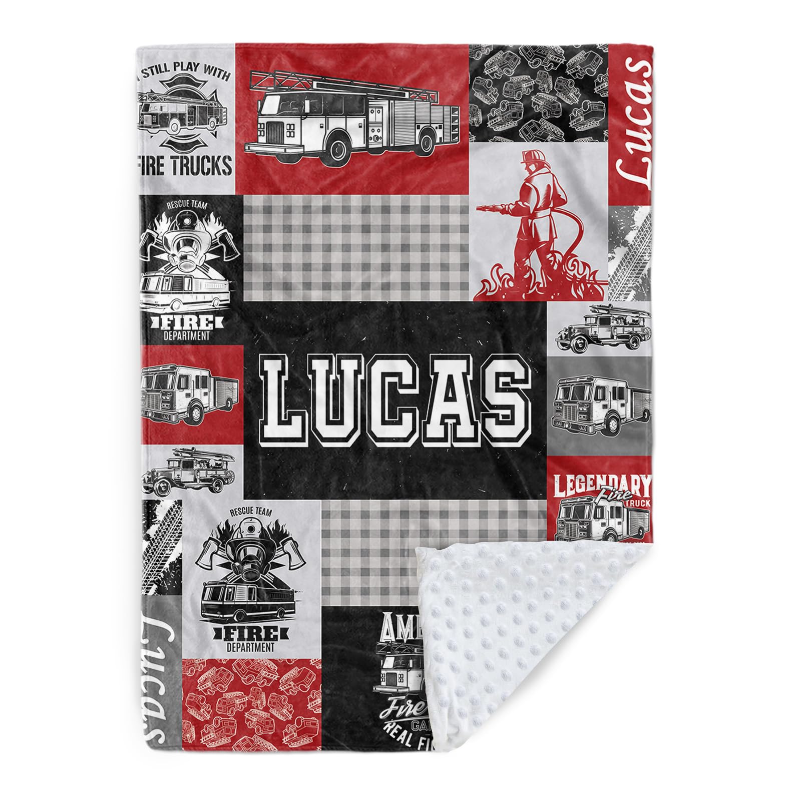 Personalized Fire Engine Blanket for Kids, Custom Name Patchwork Blankets, Soft Plush Fire Truck Plaid Flannel Blanket with Double Layer Dotted Backing, Gifts for Boys Girls Baby Color12