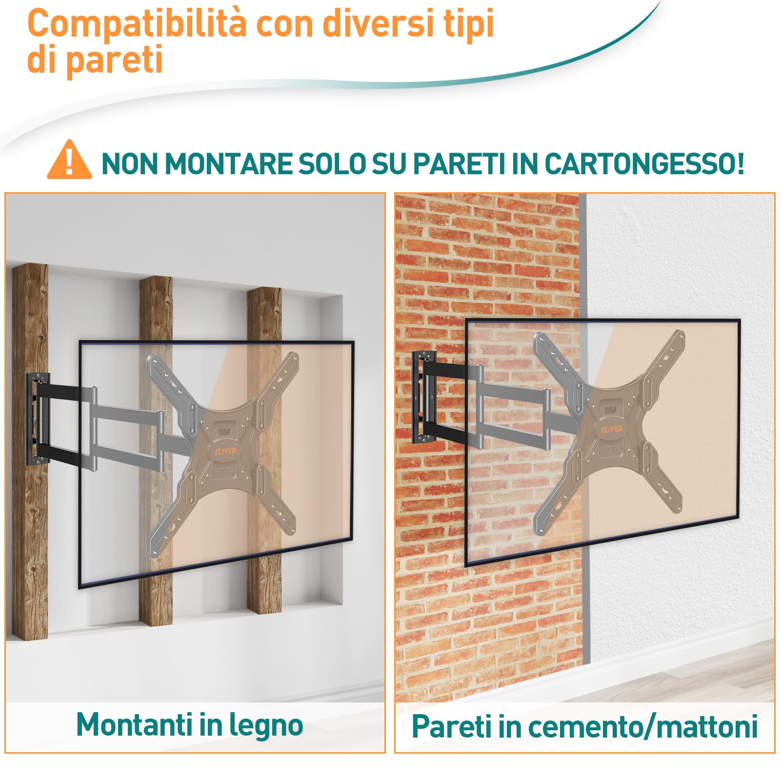 ELIVED Supporto TV a parete a braccio lungo Supporto TV ad angolo per la maggior parte dei televisori da 26 a 60 pollici Estensione di 749 mm Max VESA 400x400 mm fino a 35KG EV3017