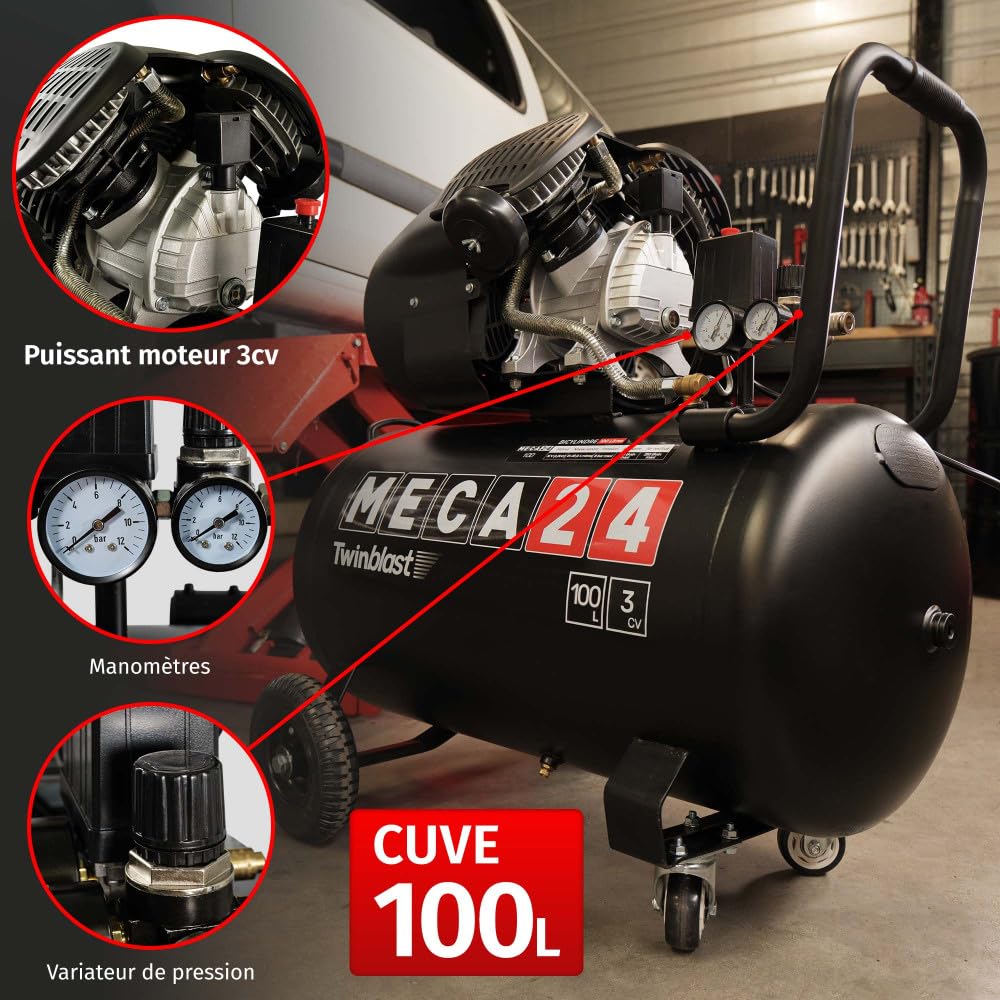 Compresseur Bicylindre 3CV - Cuve 100L - Compresseur à air - 2200W - Pression 8 bars - Débit d'aspiration 320 L/min