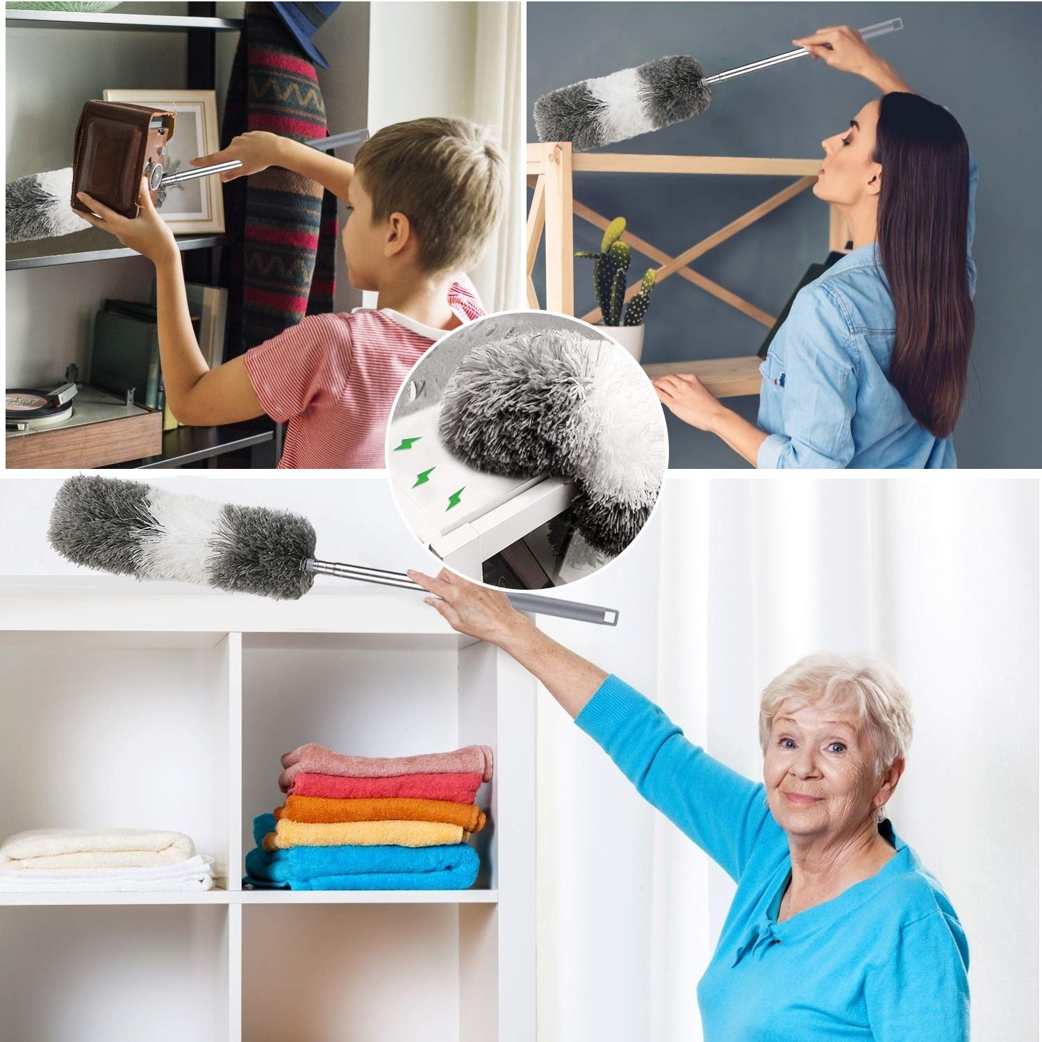 Plumeau Poussière, Plumeau Télescopique Microfibre Brosse avec Poignée en Extensible Acier Inoxydable 255cm Grand, Lavable Duster pour Éliminer la Poussière Toile d'Araignées