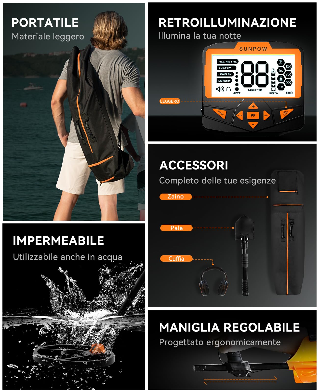 SUNPOW Metal Detector, Kit Rilevatore di Metal Detector Professionale a 5 Modalità con Maggiore Precisione, Profondità di Rilevamento da 11" Macchina Rilevatore Oro Impermeabile