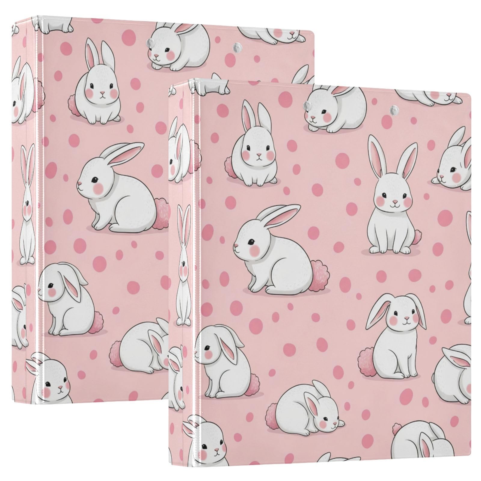 Cute White Bunnies - Carpeta de tres anillos rosa, carpeta de anillos en D, paquete de 2 | Con portapapeles y bolsillos, para escuela, universidad, oficina