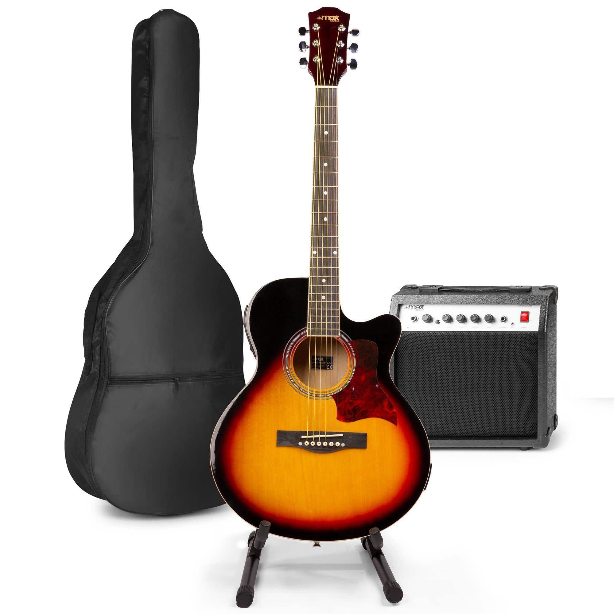 MAX ShowKit Elektro Akustik Gitarre Set mit Verstärker 40 Watt, Gitarrentasche, Gitarrenständer, Gitarrenstimmgerät, Instrumentenkabel, Plektrum und E Akustikgitarre mit Tonabnehmer - Sunburst