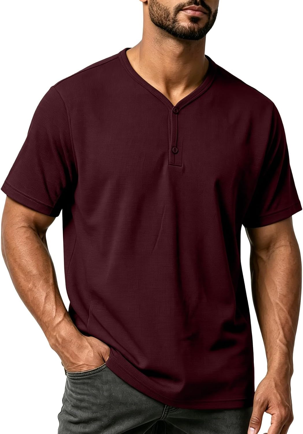 Mens Short Sleeve Henley Shirt Waffle Knit V Neck Tops | Lightweight henley tee with button neck for daily wear, vacation, streetwear and casual summer outfits