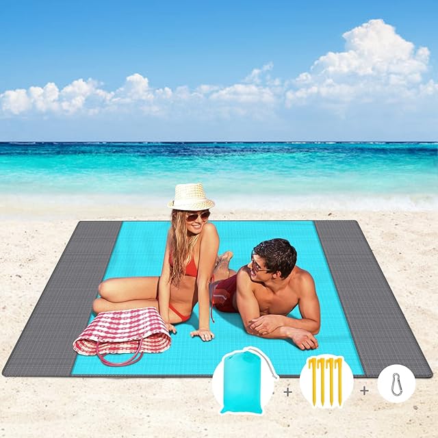 LETIHIMD Beach Blanket Waterproof Sandproof, 210 x 200cm Large Beach Blanket Sandproof for 4-7 Adults, Waterproof Lightweight Foldable Beach Blanket with 4 Stakes for Camping Travel Hiking-Blue