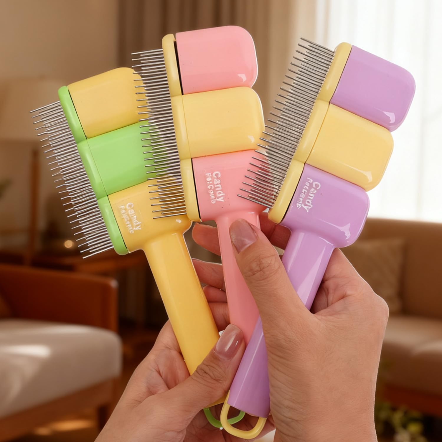 Self-Cleaning Pet Grooming Brush, 2-in-1 Double Sided Deshedding Comb with Stainless Steel Teeth,Cat Comb for Shedding & Dog Grooming (Pink, 19x6cm)